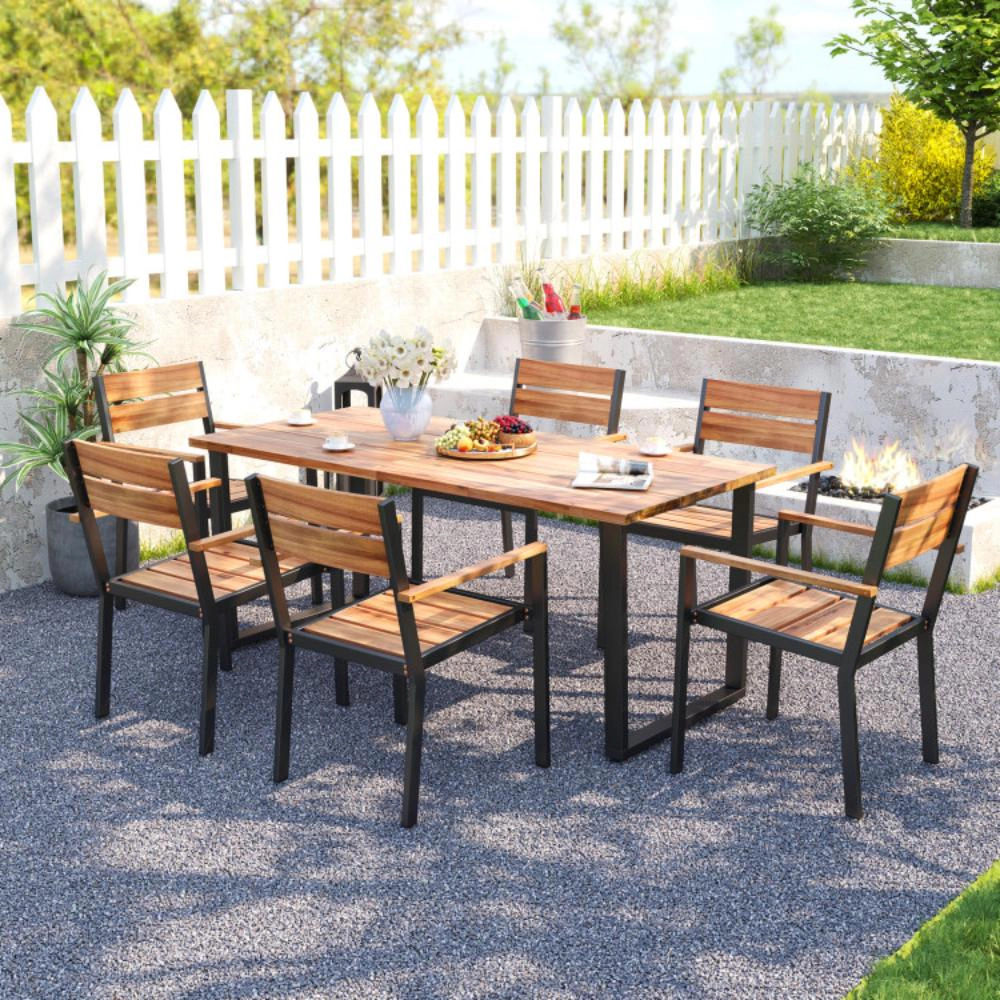 Hivvago 7 Pieces Acacia Wood Patio Dining Set With Metal Frame And 2 Inches Umbrella Hole