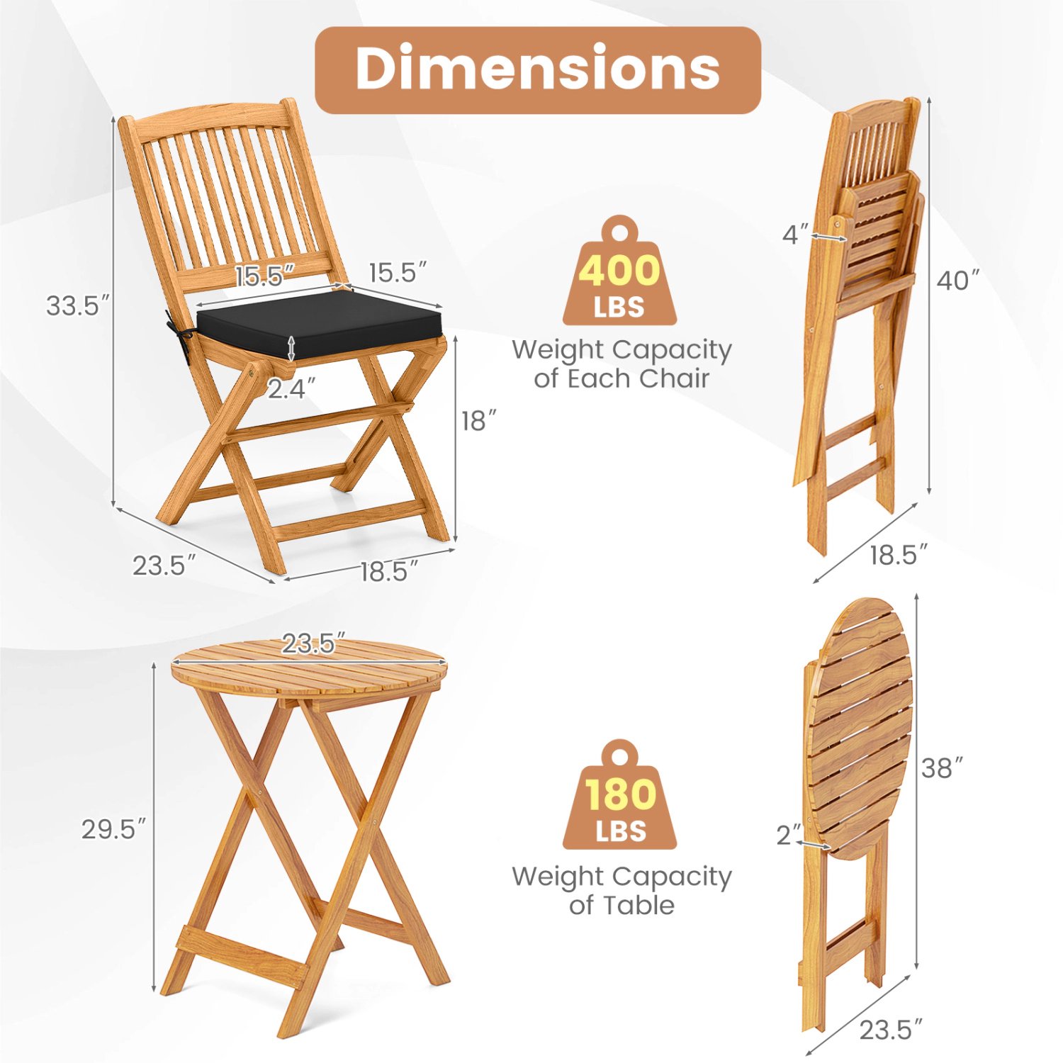 LJG 3 Pieces Acacia Wood Patio Folding Bistro Set with Soft Cushions