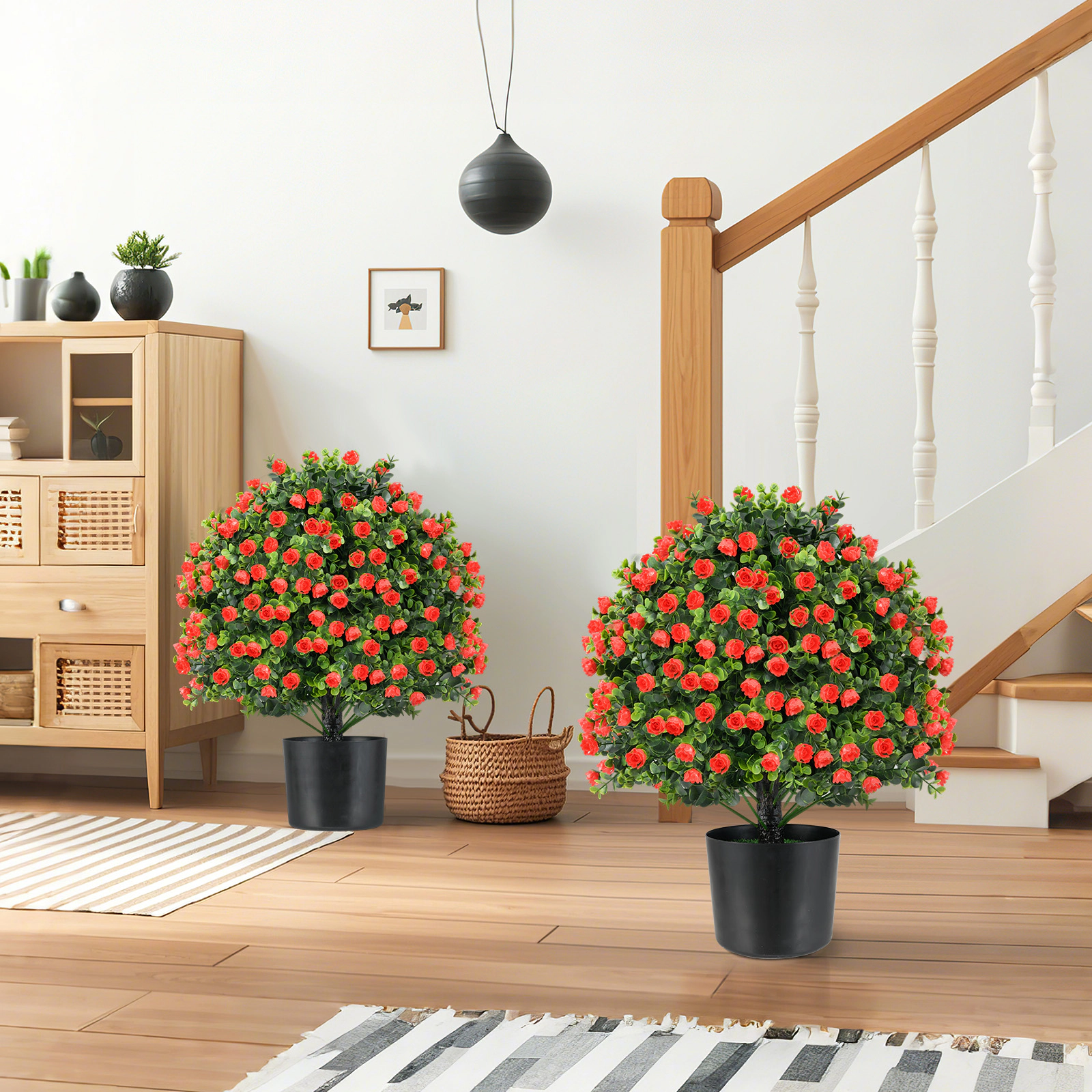 SUGIFT 2 Pack Artificial Rose Topiary Ball Trees Faux Shrub Bushes with Flowers 21.5-in Tall Green & Red & Black