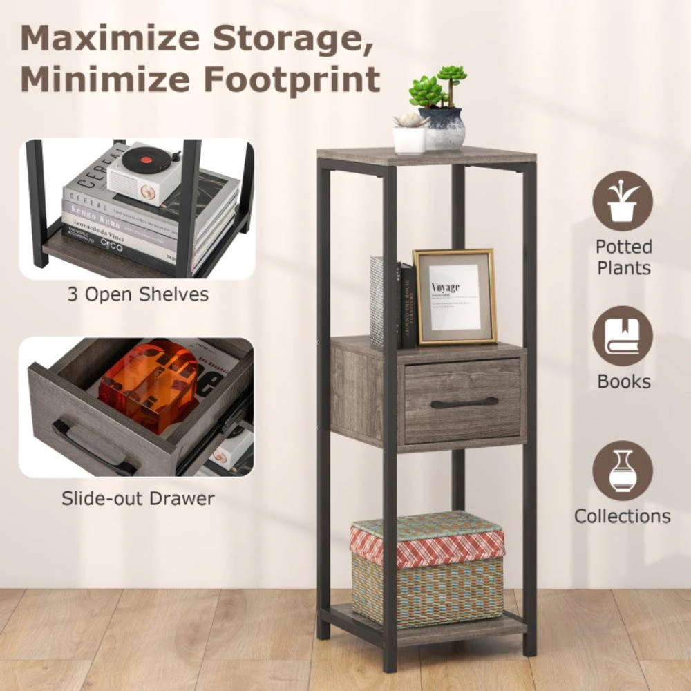 Hivvago 2 Pack 3 Tier Tall Metal Plant Stand with Drawer and Display Shelf-Gray
