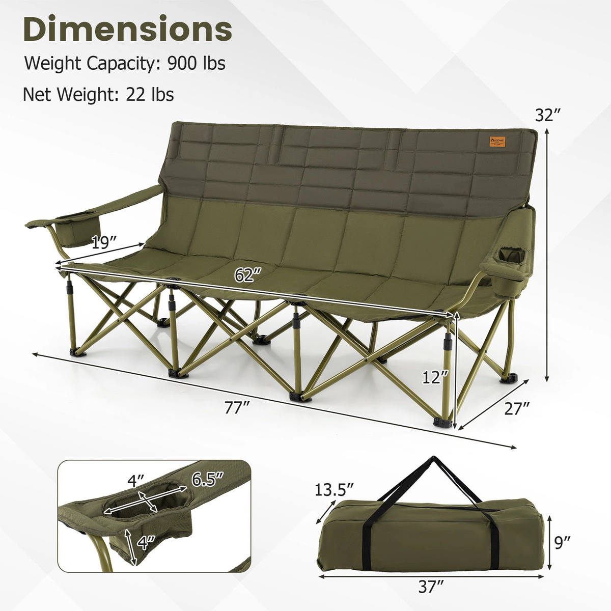 SUGIFT 900-lb Capacity 3-Person Extra Wide Folding Camping Chair Couch with 2 Cup Holders and Storage Bag