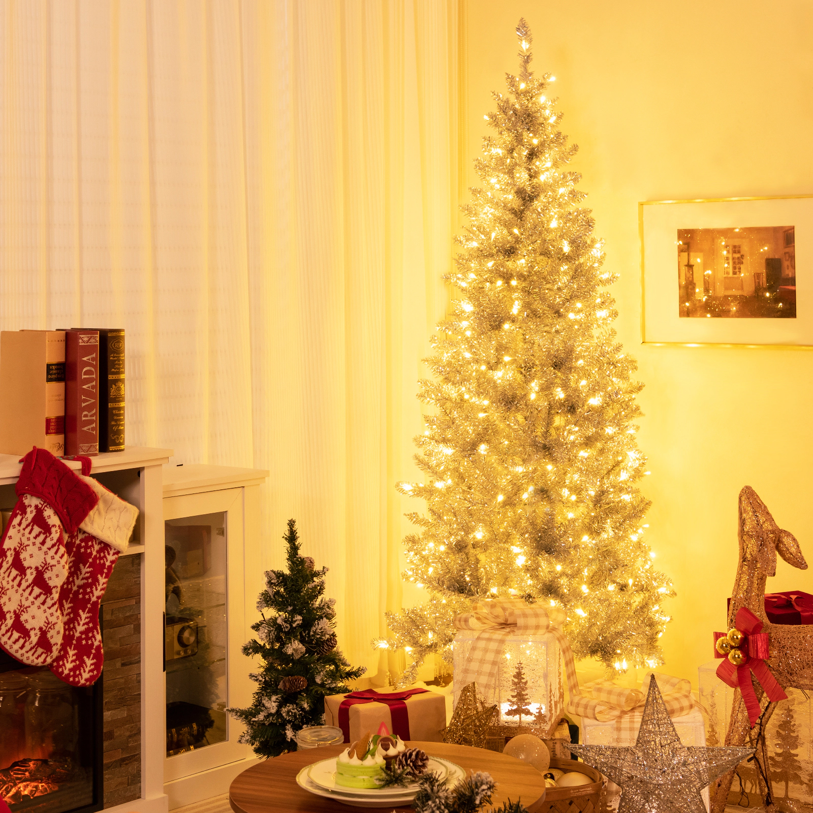 SlickBlue Pre-Lit Silver Christmas Tree with Hinged Branches and Metal Stand