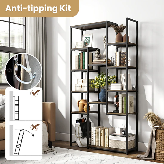 Hivvago Tall Vintage Geometric Bookshelf with 12 Open Shelves