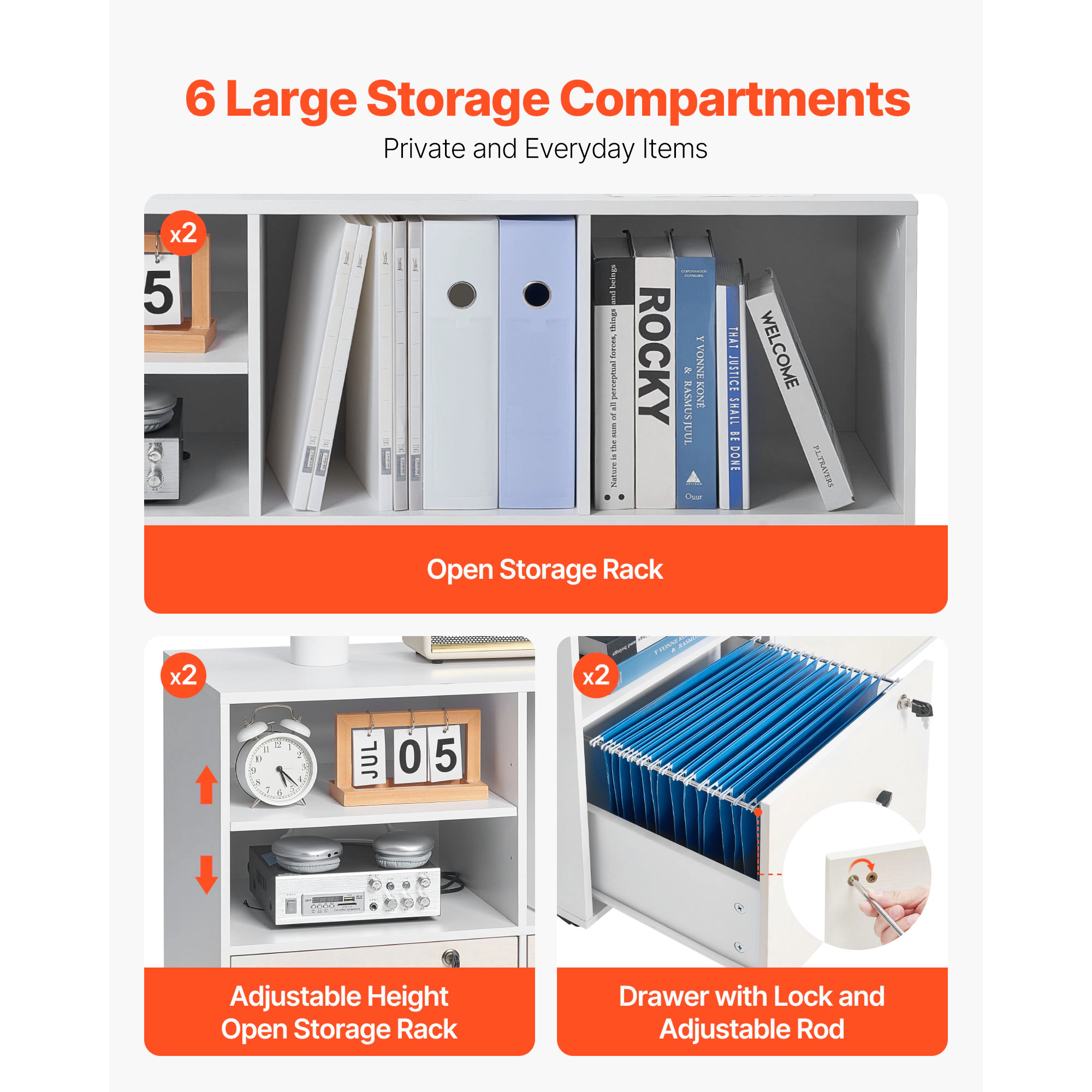 HONGGE 2-Drawer Rolling Storage Cabinet, Adjustable Shelves & Lockable Wheels, White Printer Stand, Home Office