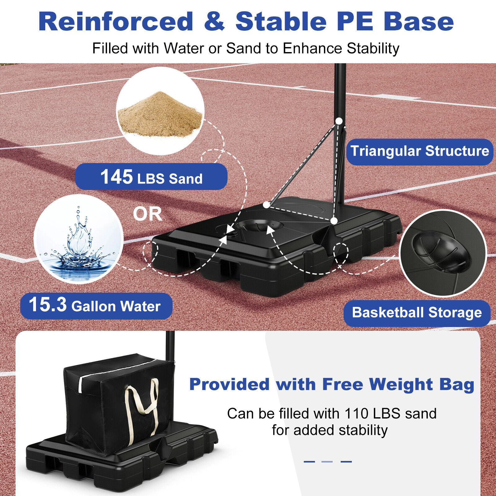 SUGIFT Black Portable Basketball Hoop with 44-in PET Backboard and Quick Lift Grip 4.6-ft to 10-ft H 18-in Rim