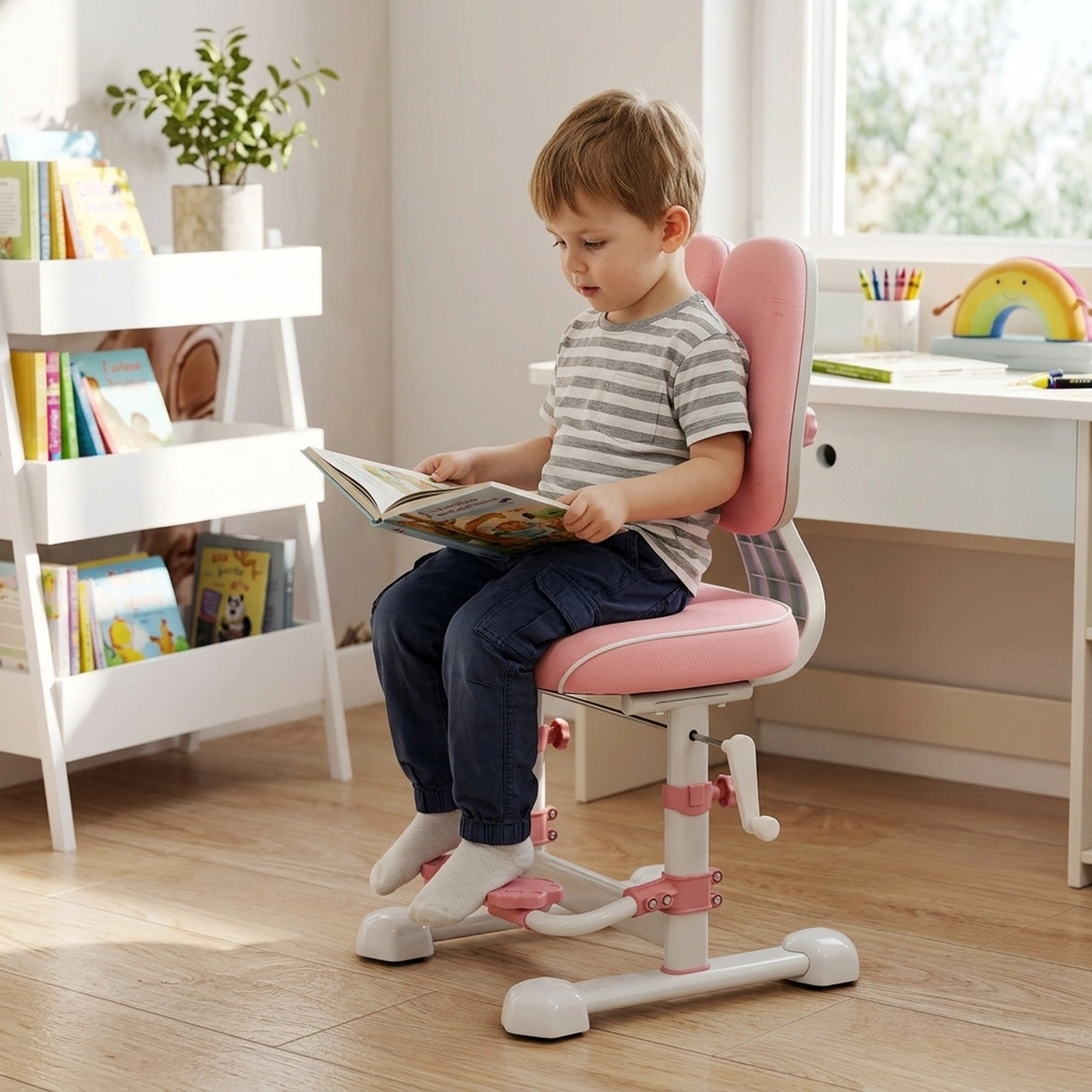SUGIFT Pink Kids Study Chair, Double Backrest, Adjustable Footrest, Stepless Seat Height, 220-lb Capacity