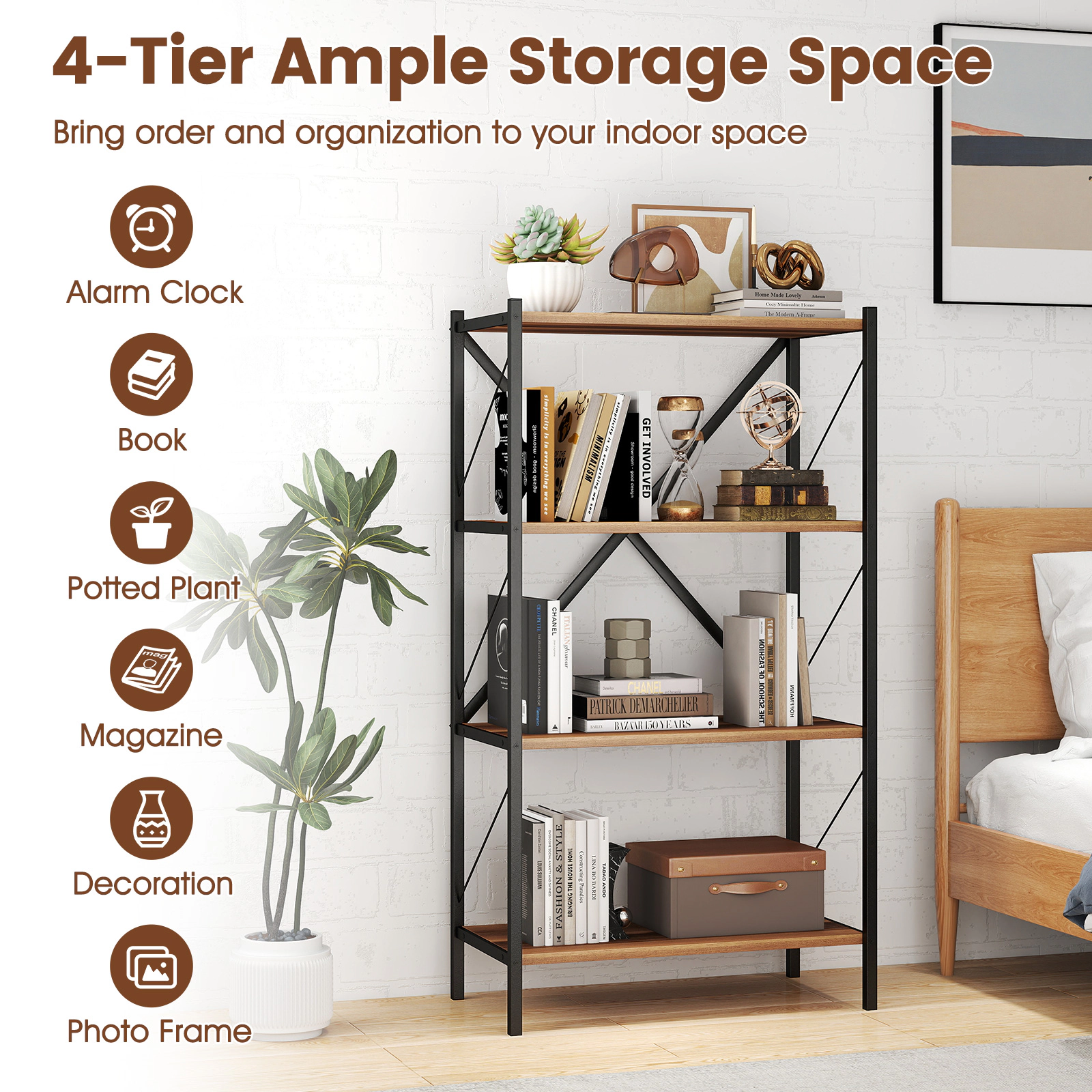 Costway 4-Tier Bookshelf Industrial Bookcase w/Heavy-Duty Metal Frame for Living Room Walnut