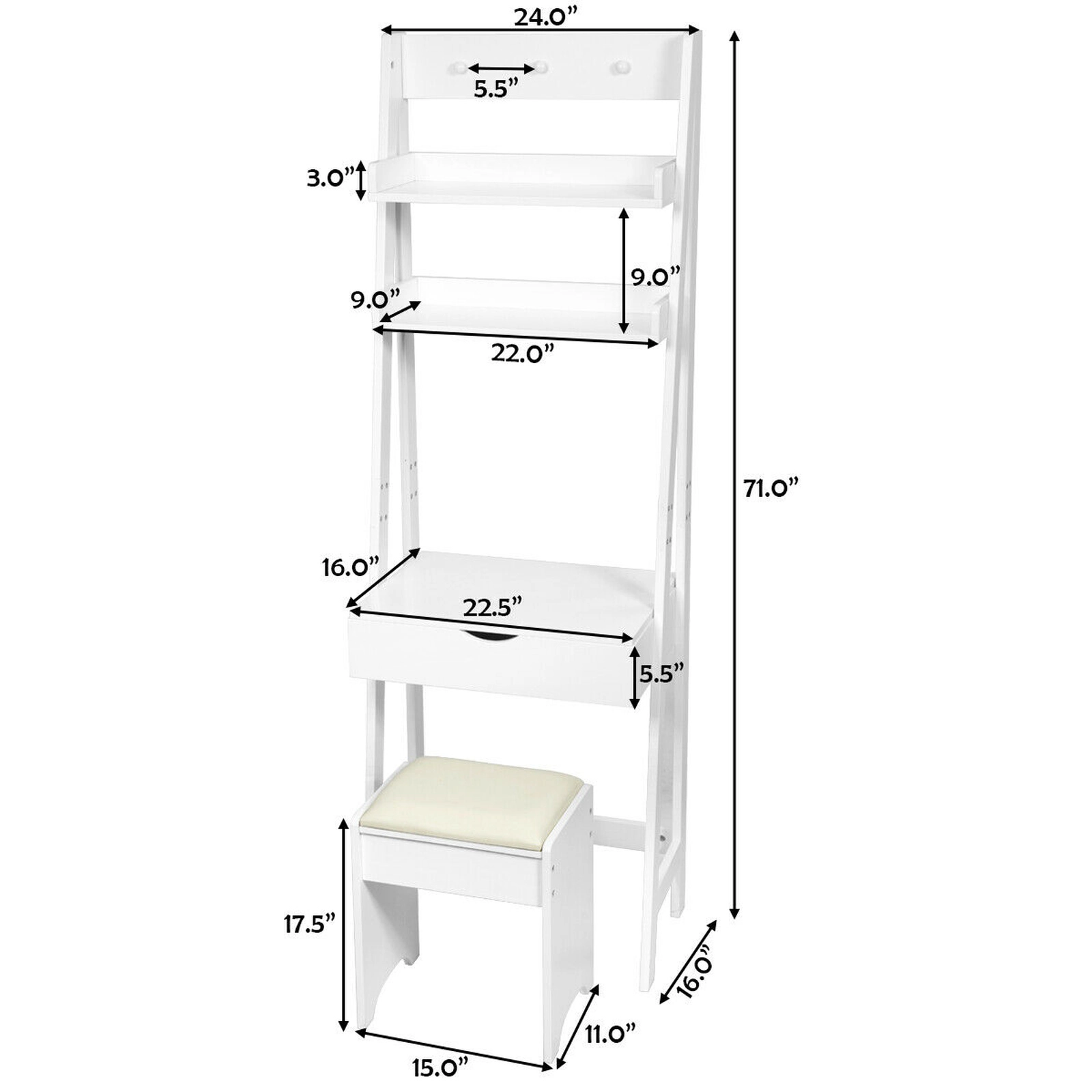 SUGIFT 3-in-1 Modern Shelf Vanity Set with Flip Top Mirror and 6 Makeup Organizers 22-lb Table 180-lb Stool White