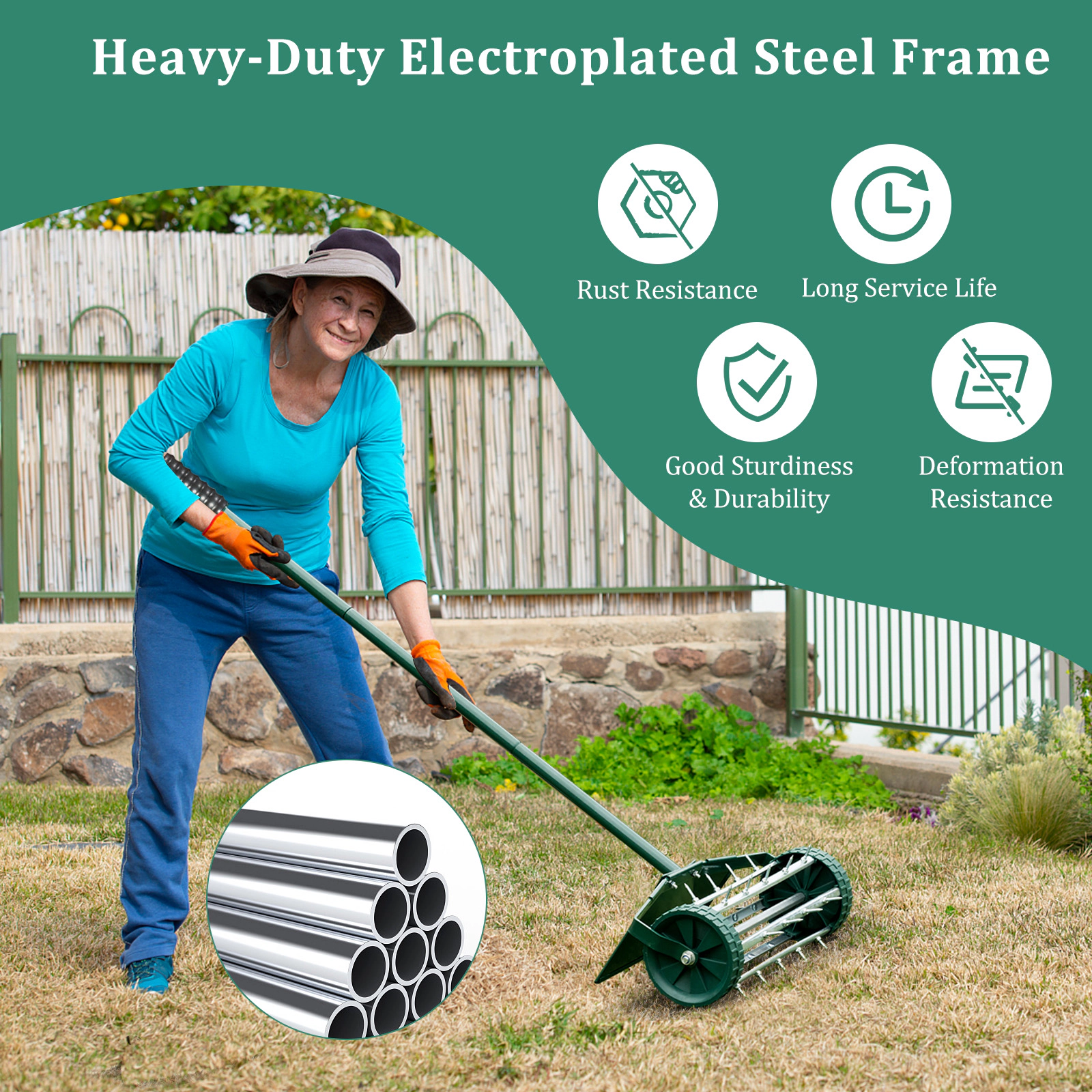 SUGIFT 18-in Rolling Lawn Aerator Spike Roller with 1.2-in Nails Splash Guard and Rubber Grip Handle