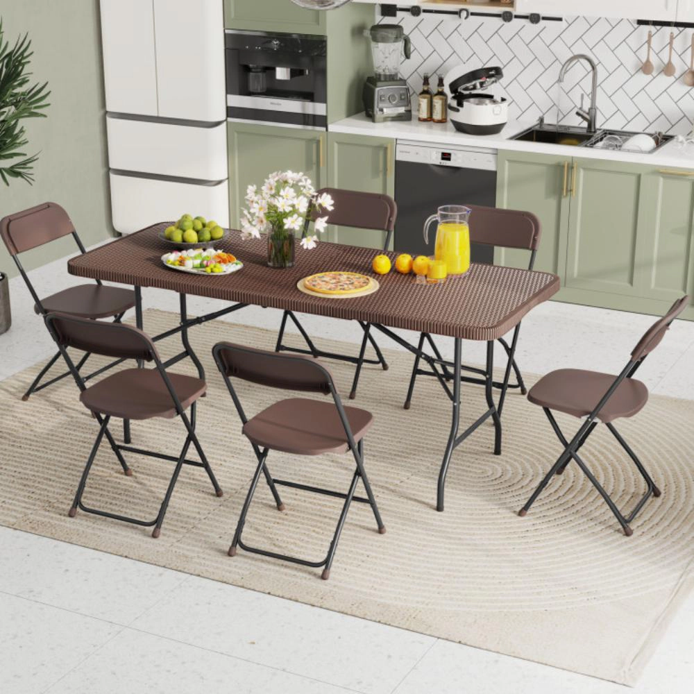 Hivvago 6 Ft Portable Folding Table With Rattan-Like Hdpe Tabletop And Safe Lock Mechanism-Brown