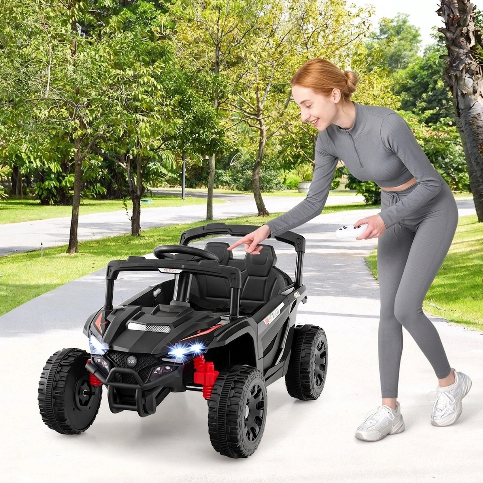 12V Kids Ride On UTV with Parent Remote Emergency Brake Lockable Doors Spring Suspension and LED Lights Ages 3+ Black