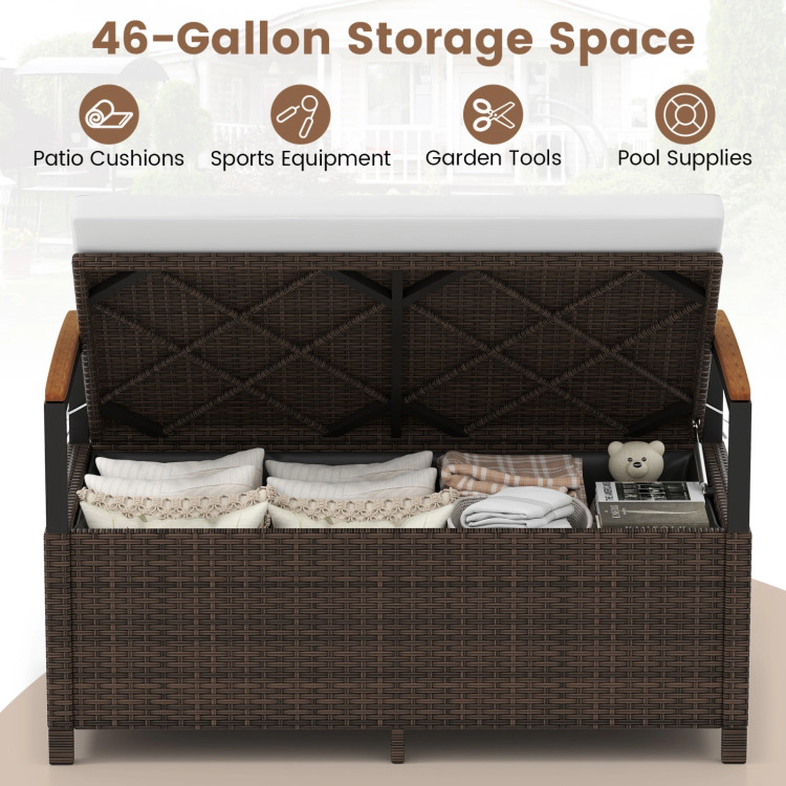 SUGIFT Gas Strut Lid 46-Gallon Washable Cushion PE Rattan Storage Bench 47-in x 24-in x 33-in 800-lb Capacity White