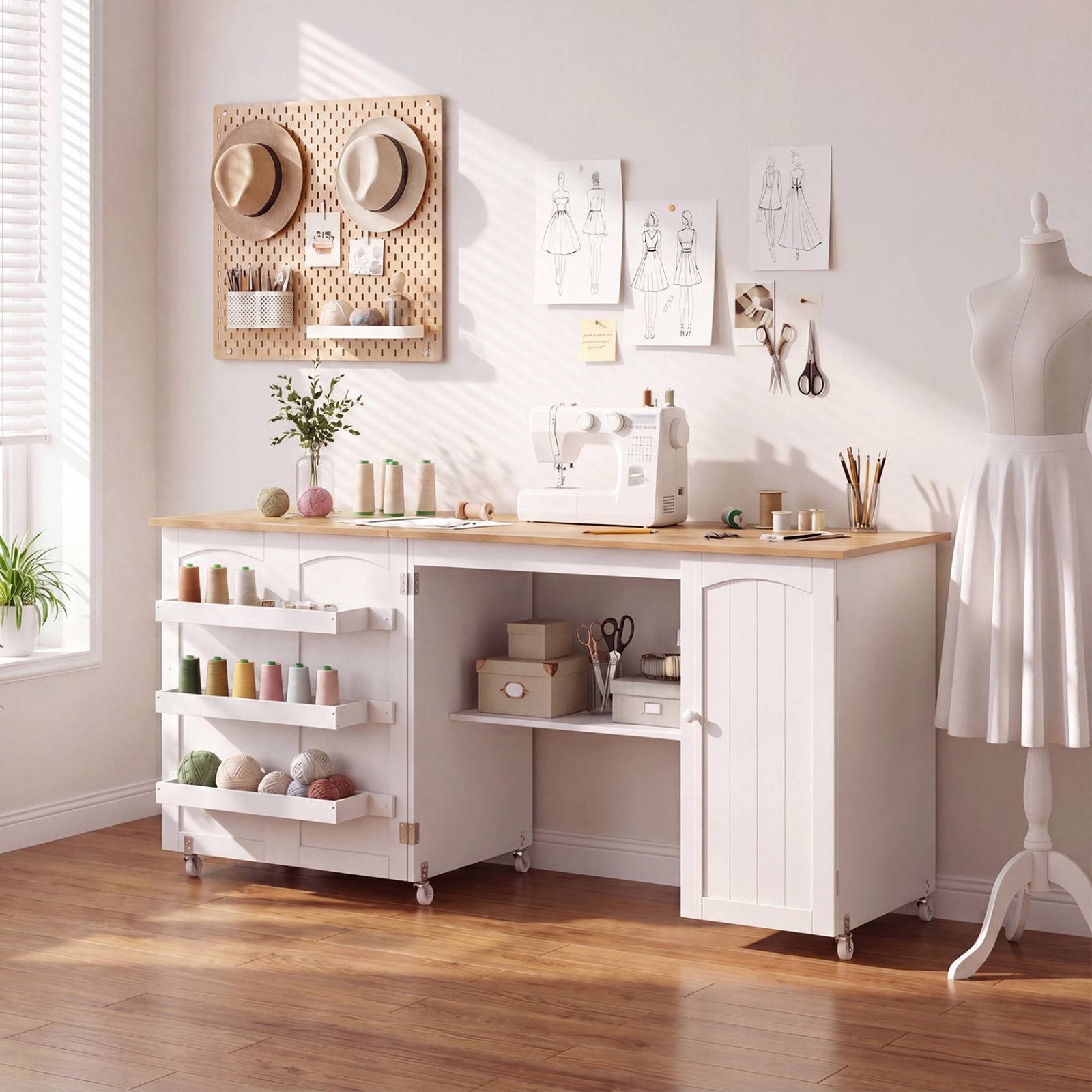 SUGIFT Folding Large Sewing Table Desk with Storage Shelves and Lockable Casters White Natural