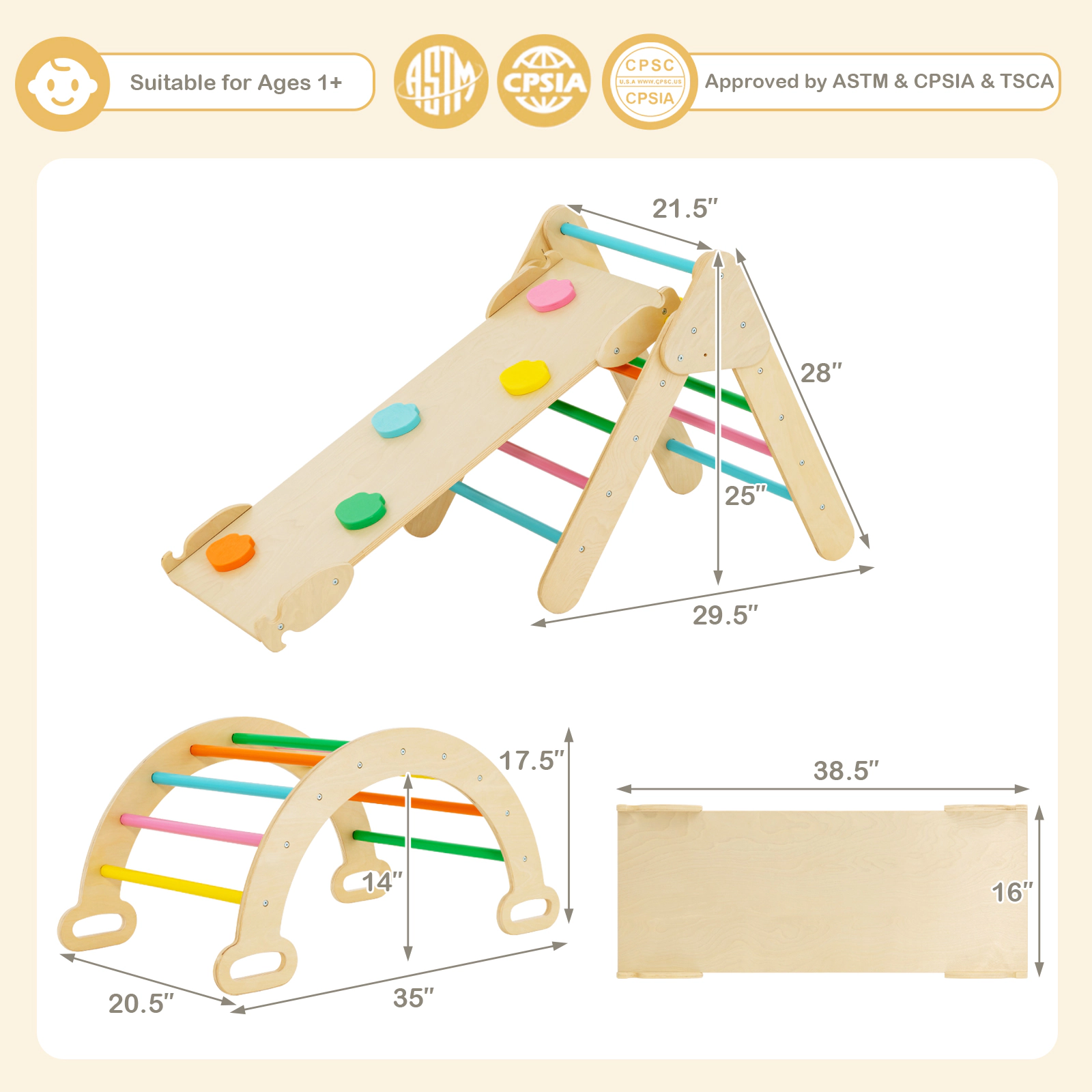 SUGIFT Multicolor Triangle Arch and Reversible Ramp 5-in-1 Wooden Kids Climber Set