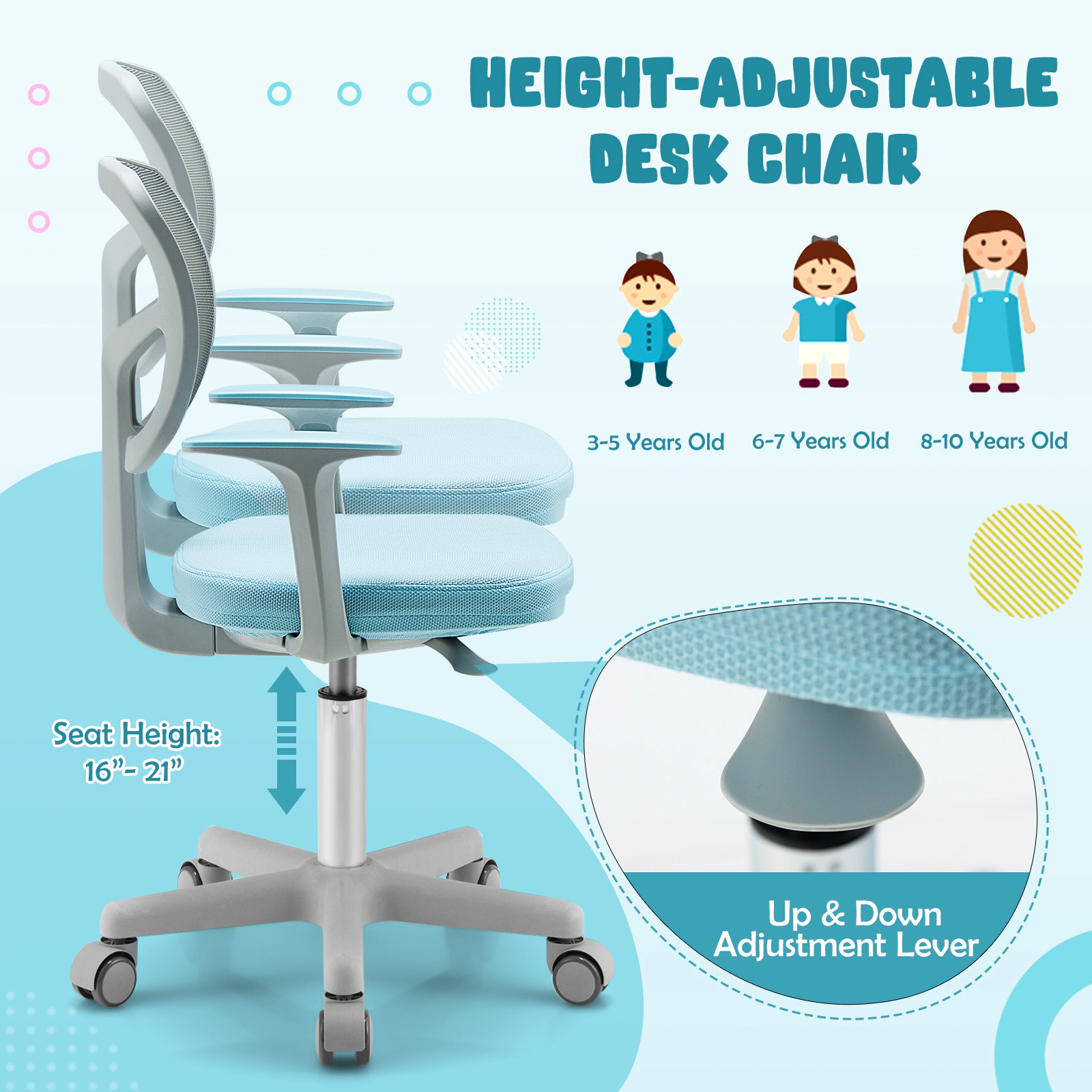 SUGIFT Kids Mesh Desk Chair with Auto Brake Casters and Detachable Cushion Blue