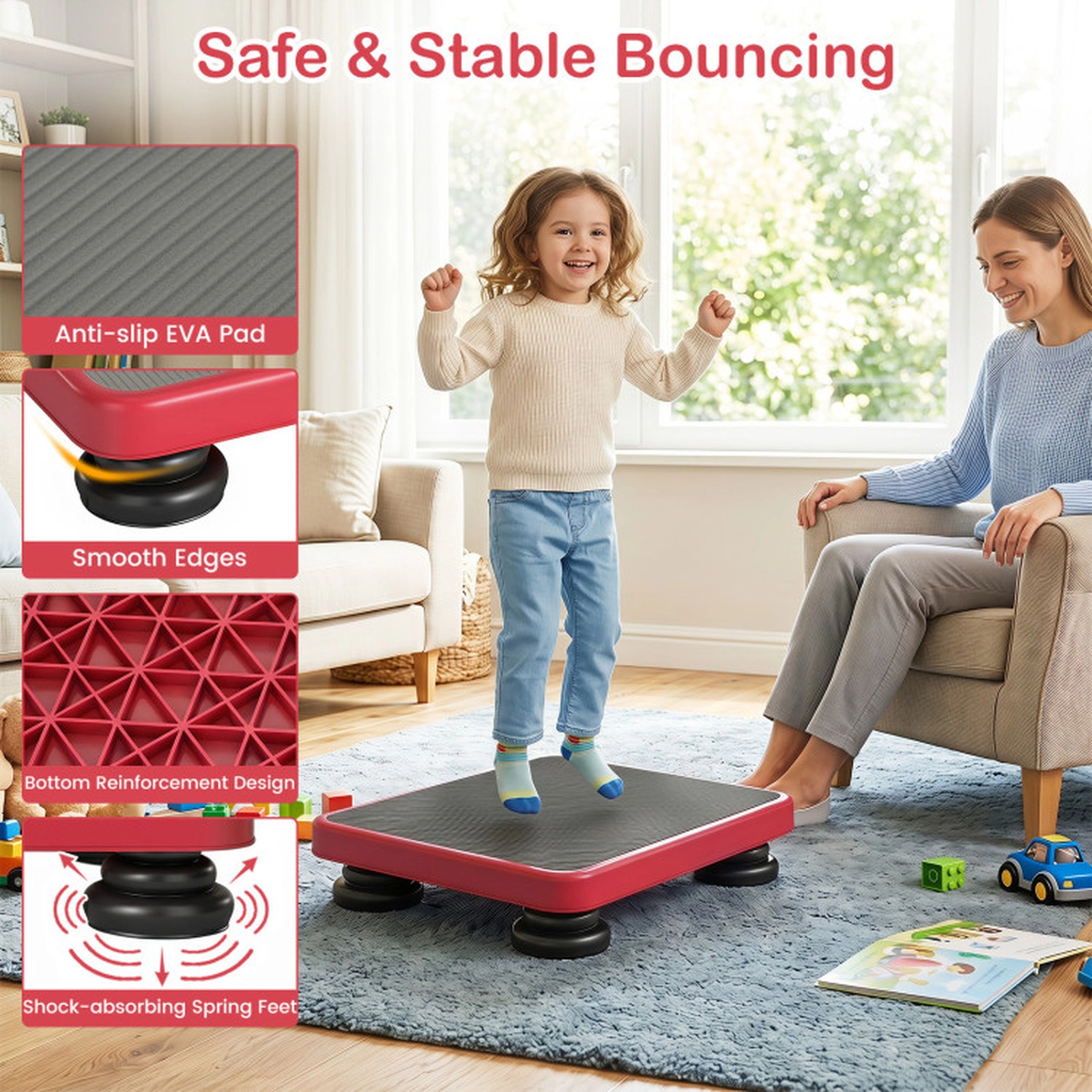 SUGIFT 24 x 20-in Kids Rebounder Bouncing Board with Elastic Rope 330-lb Capacity Ages 3+ Red