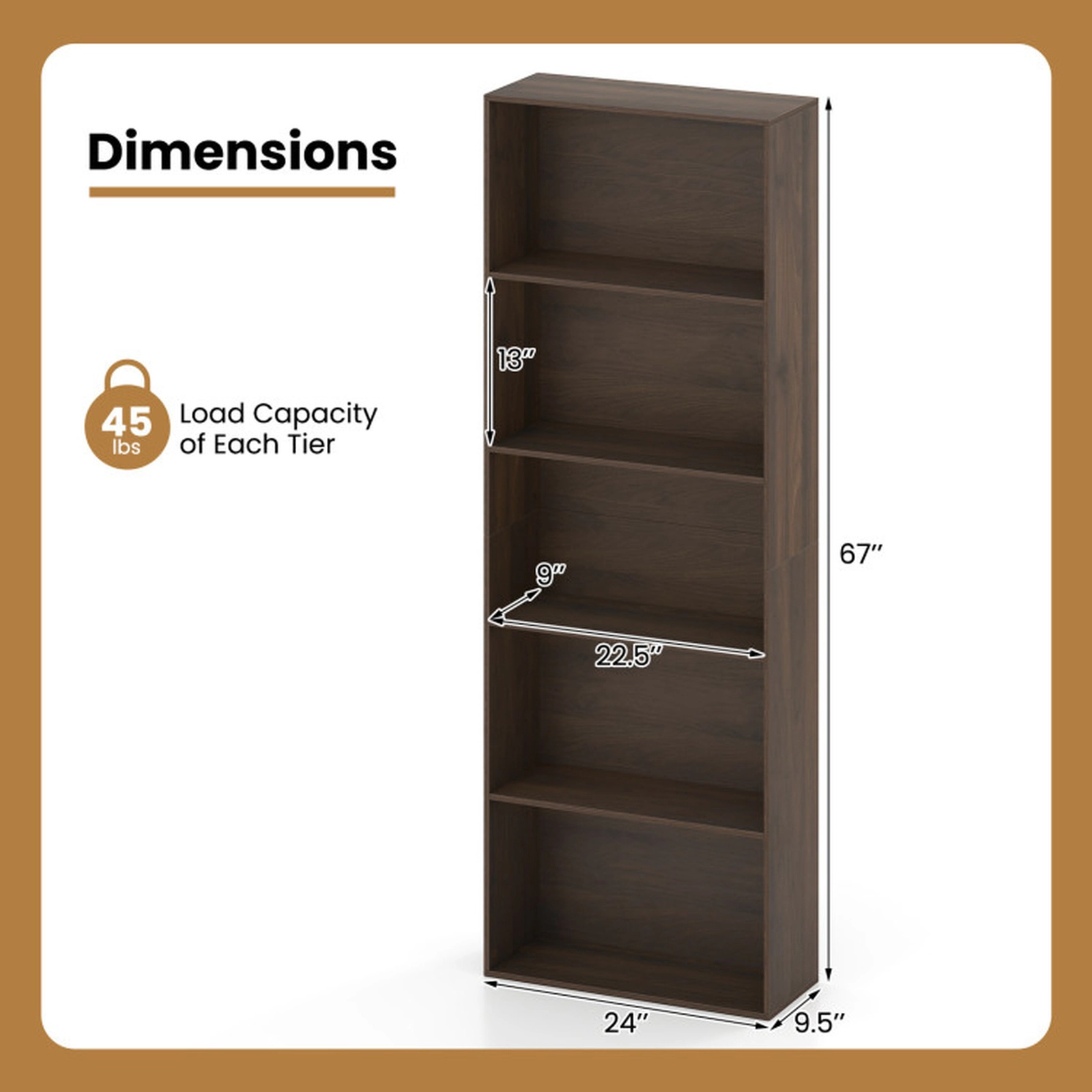 SUGIFT 5-Tier Freestanding Open Bookcase Bookshelf with 24-in Frame 45-lb Per Shelf Storage Organizer Dark Walnut