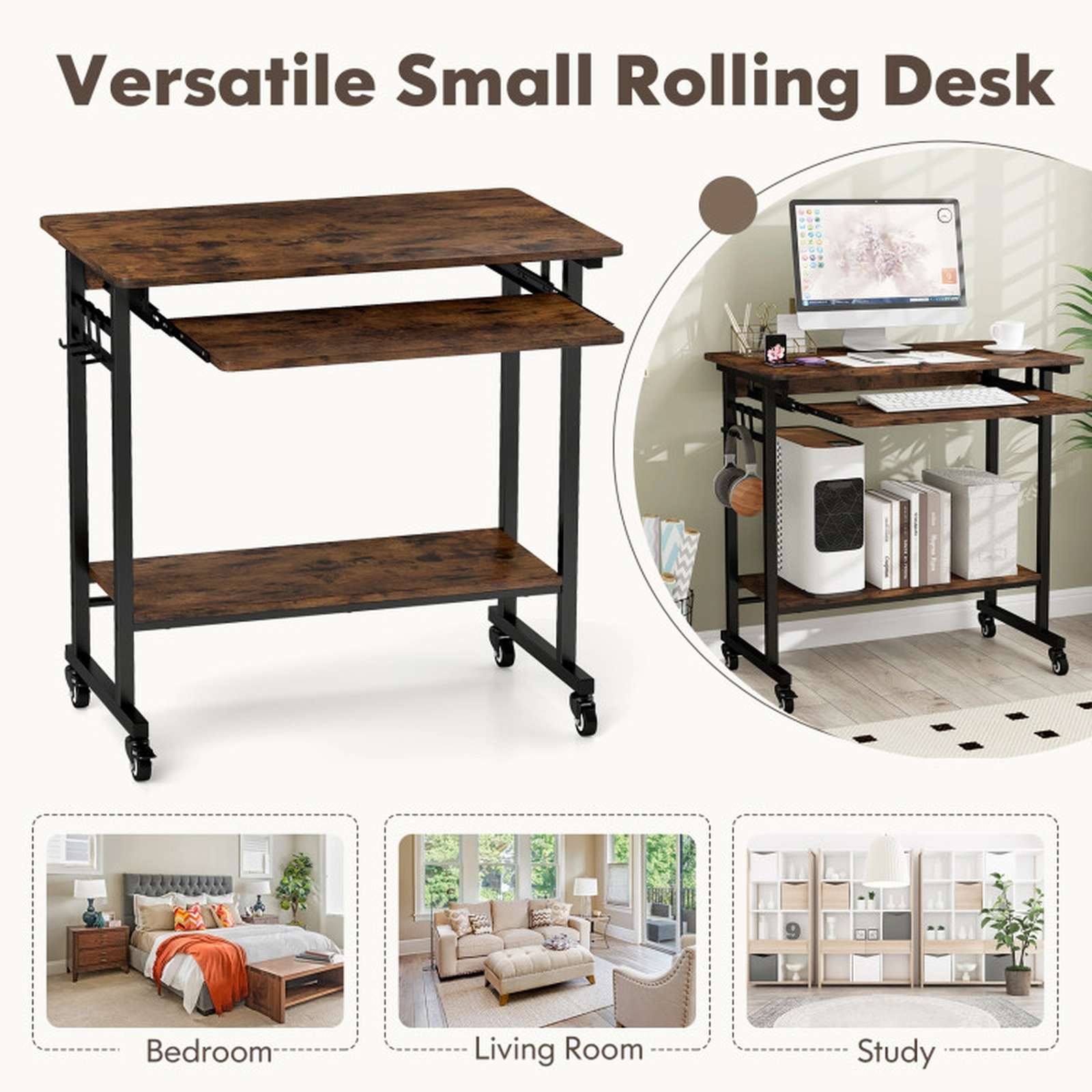 SUGIFT 31.5-in 160-lb Capacity Rolling Laptop Desk with Pull-Out Keyboard Tray 3 Hooks and Locking Casters