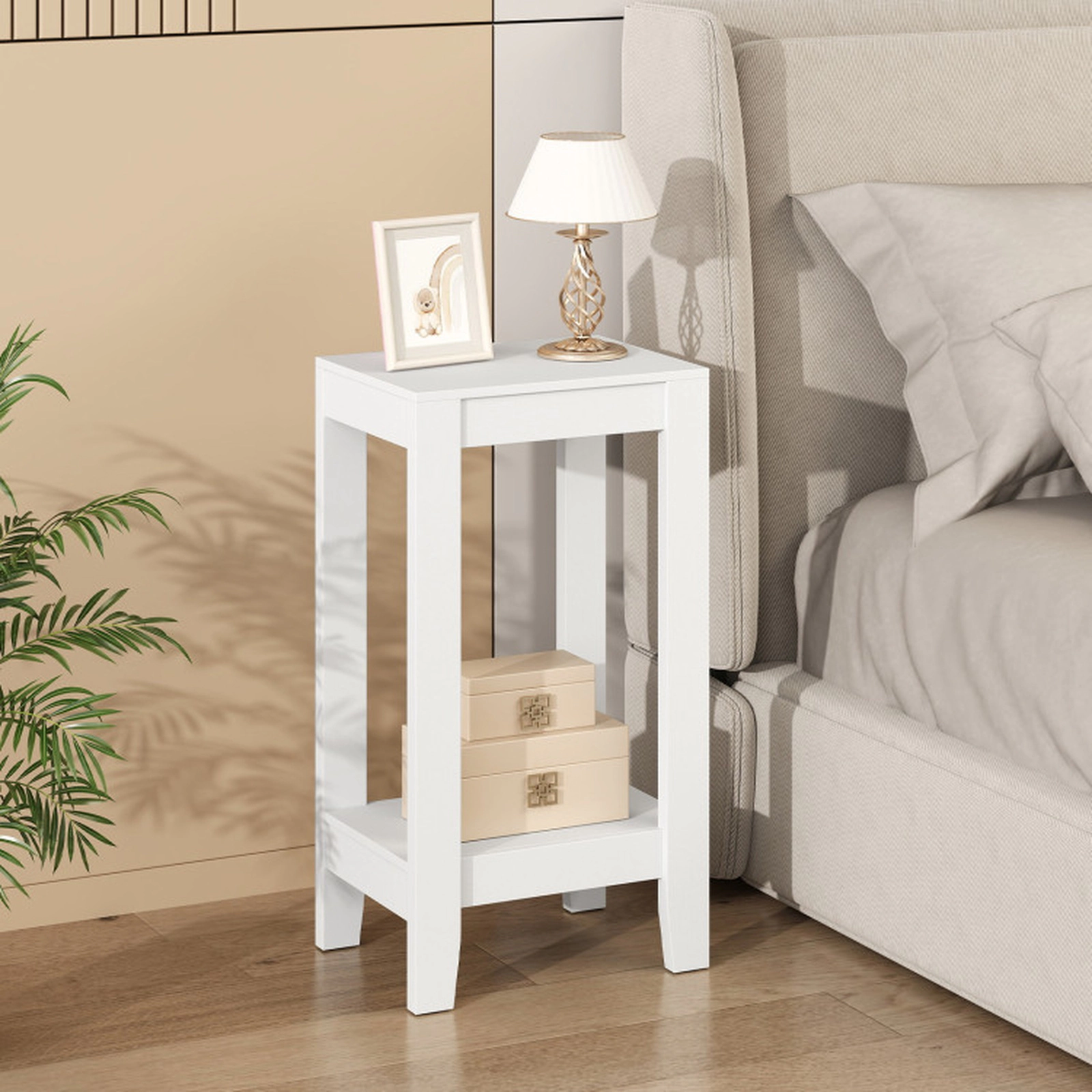 SUGIFT White 29-Inch Tall 2-Tier Nightstand with Storage Shelf and Wooden Legs