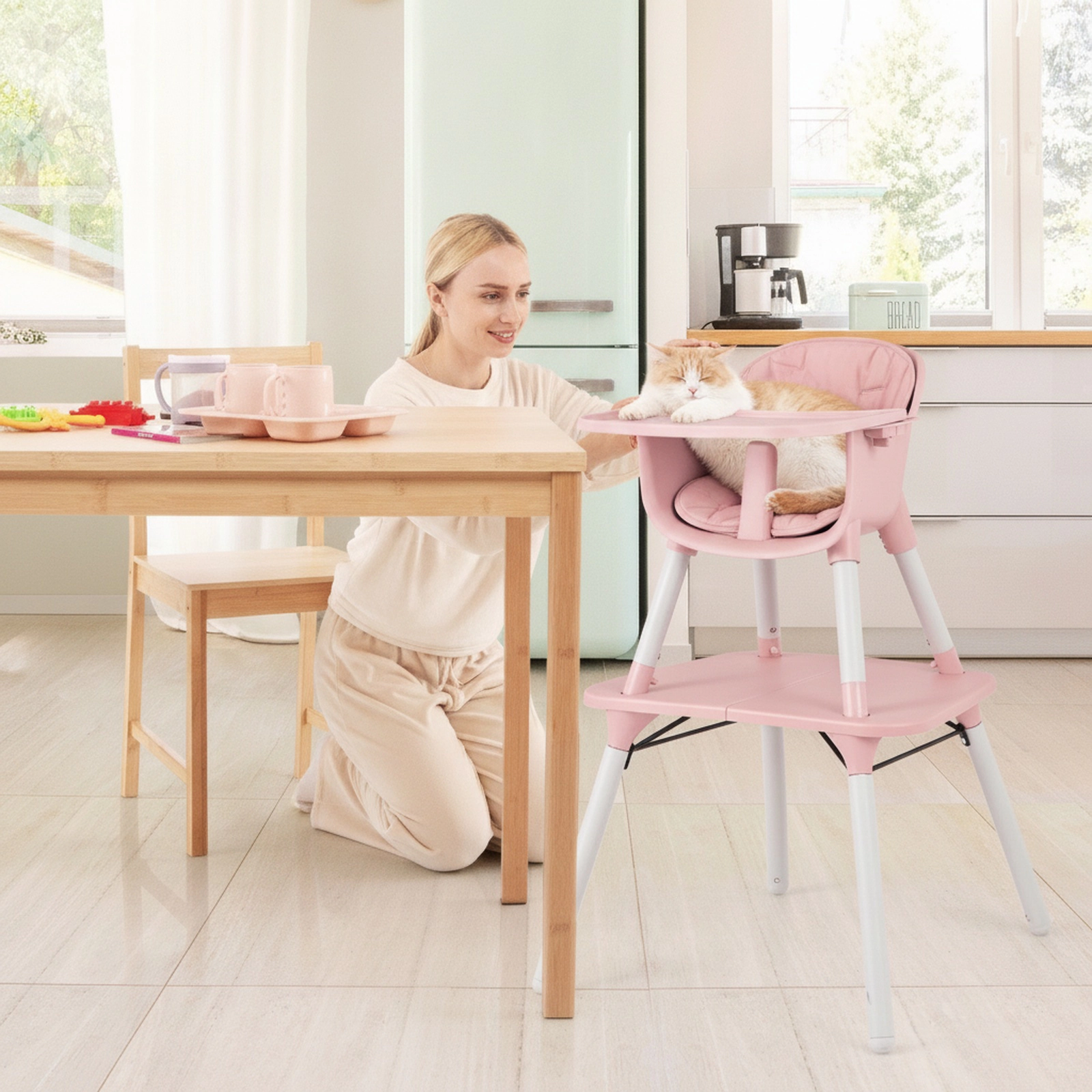 4-in-1 Lightweight Baby High Chair and Toddler Table and Chair Set 2-Position Adjustable Tray Removable PU Cushion