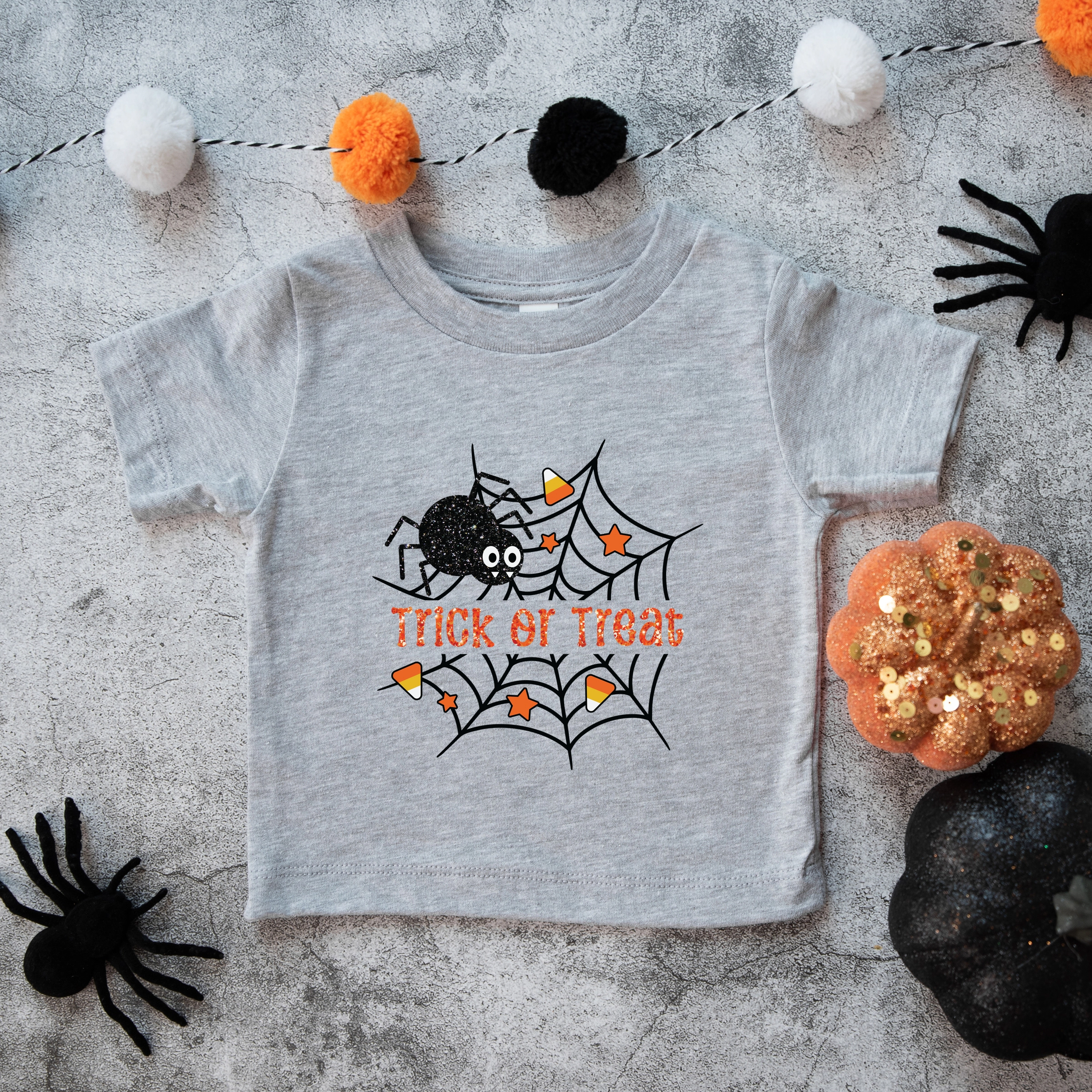The Juniper Shop - Toddler Short Sleeve Graphic T-Shirt Trick or Treat Spiderweb Glitter