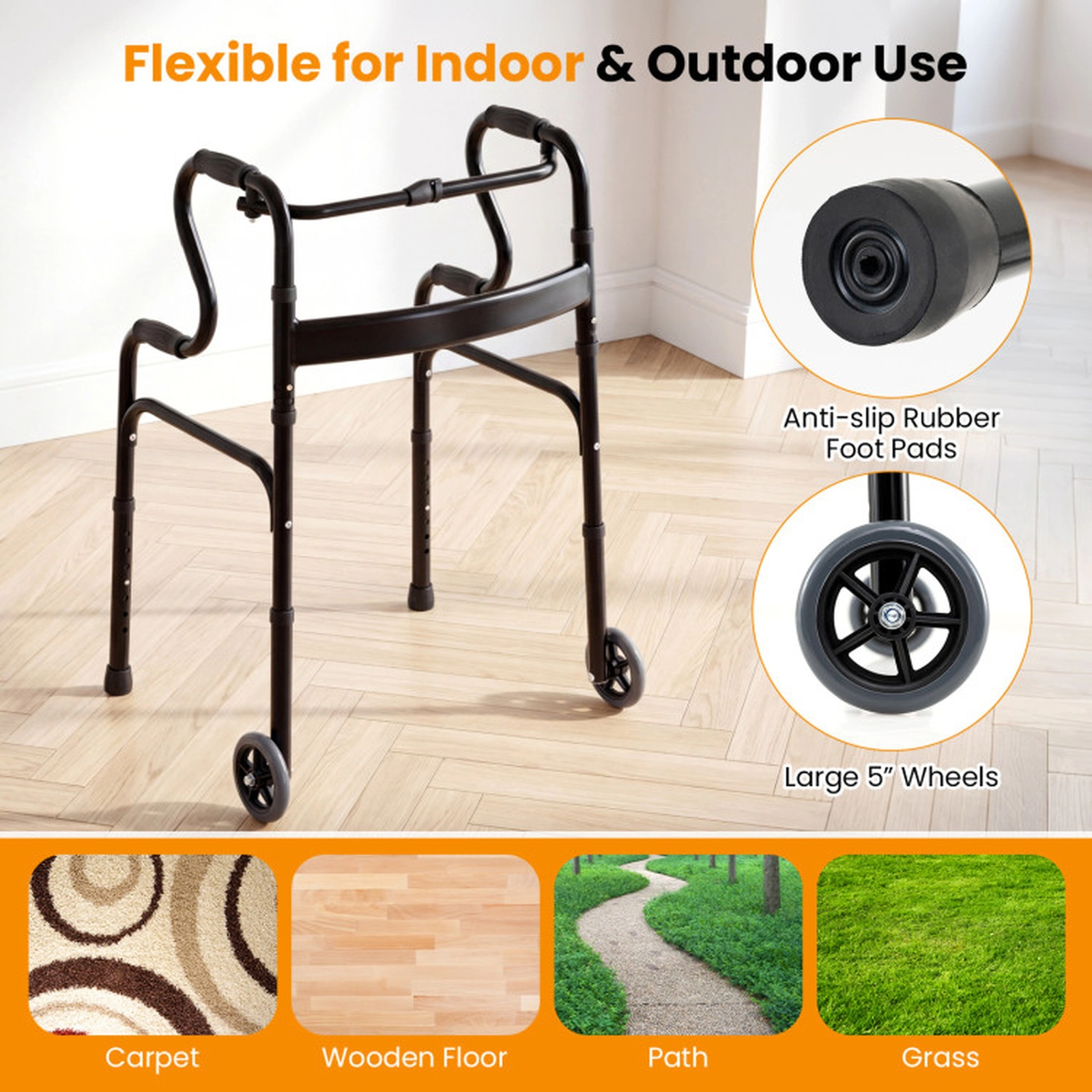 SUGIFT Folding Walker, 440 lb Capacity, Adjustable 30-37 in Height, Bi-Level Armrests
