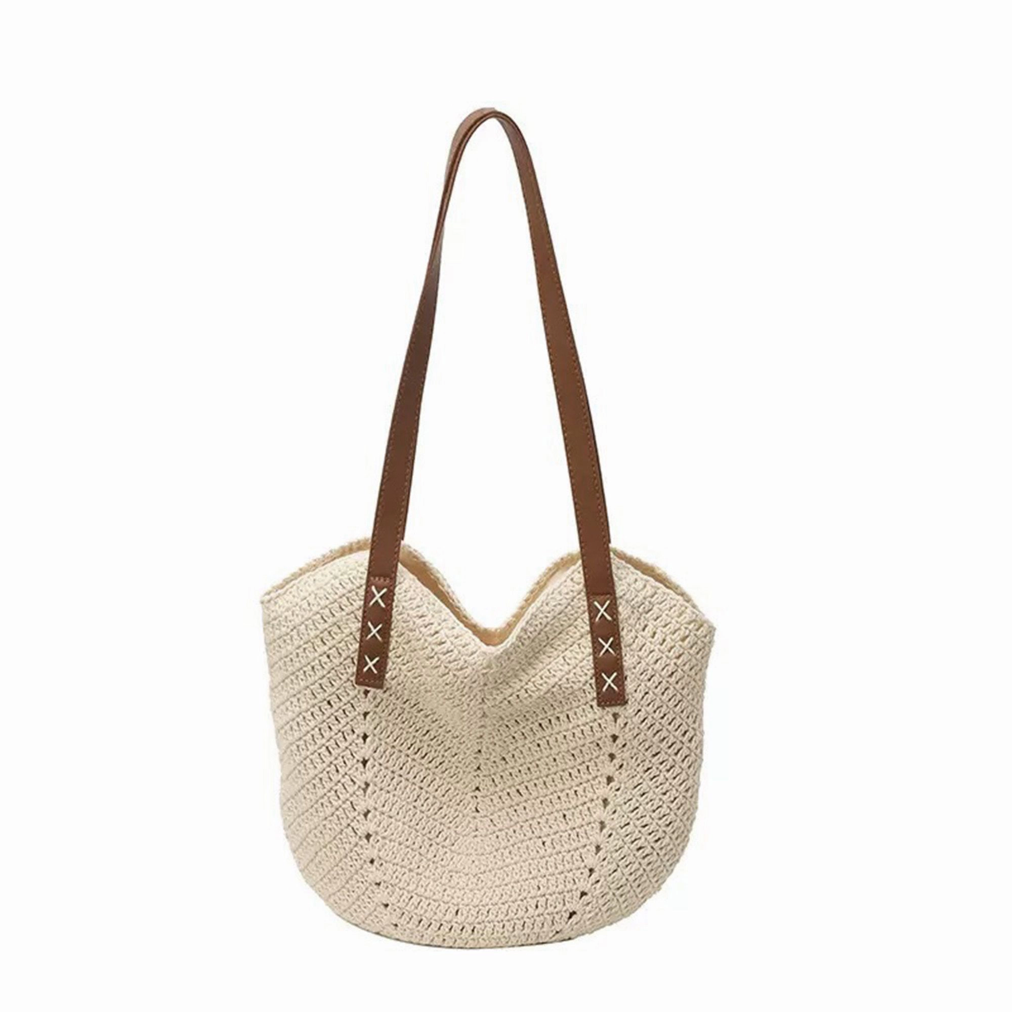 Alilang Women's Cotton Crochet Woven Tote Bag with Shoulder Straps and Inner Pocket, Beige