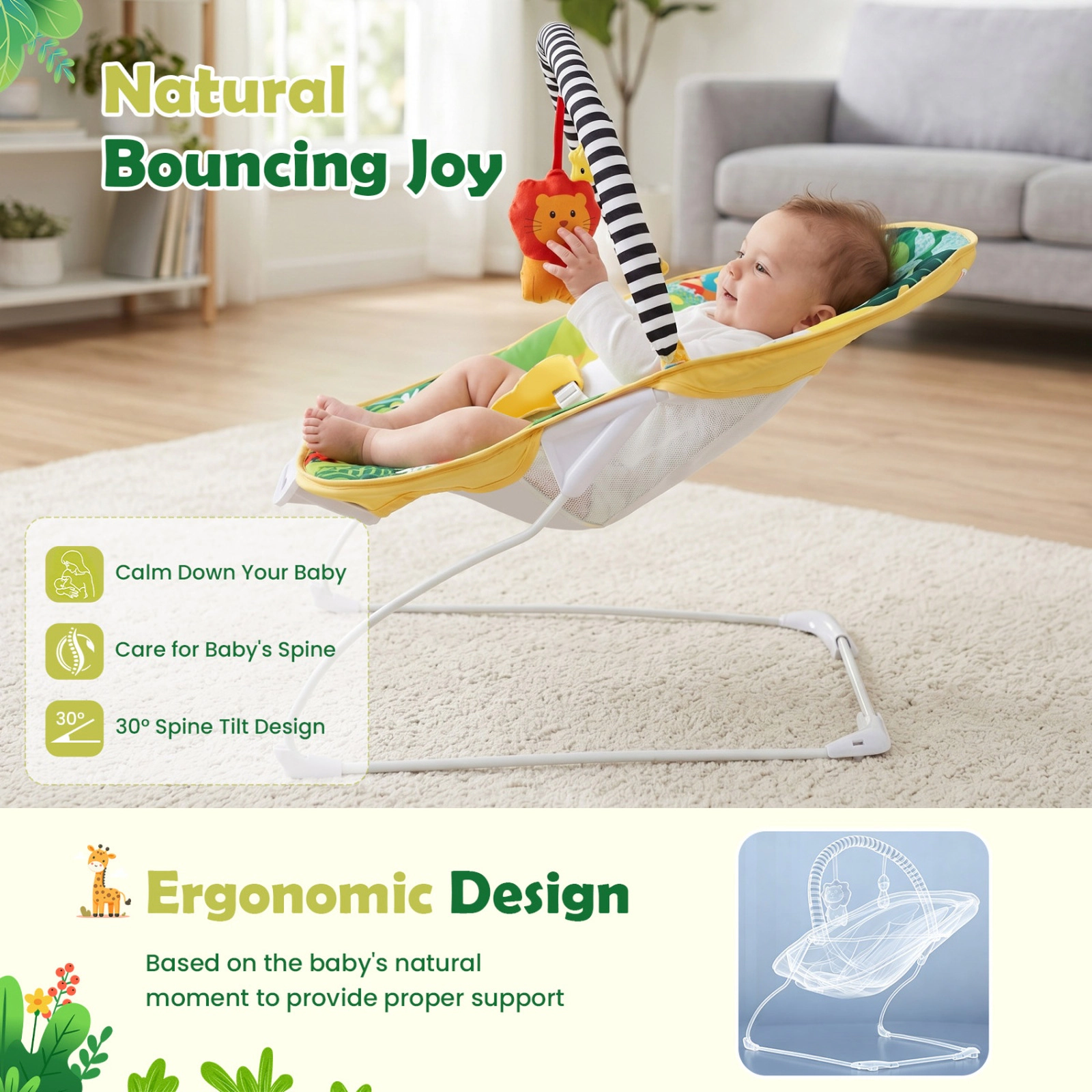 SUGIFT Baby Green Bouncer Seat with Detachable Toy Bar and Music Box 25-in W 20-in D 23-in H 20-lb Seat Capacity