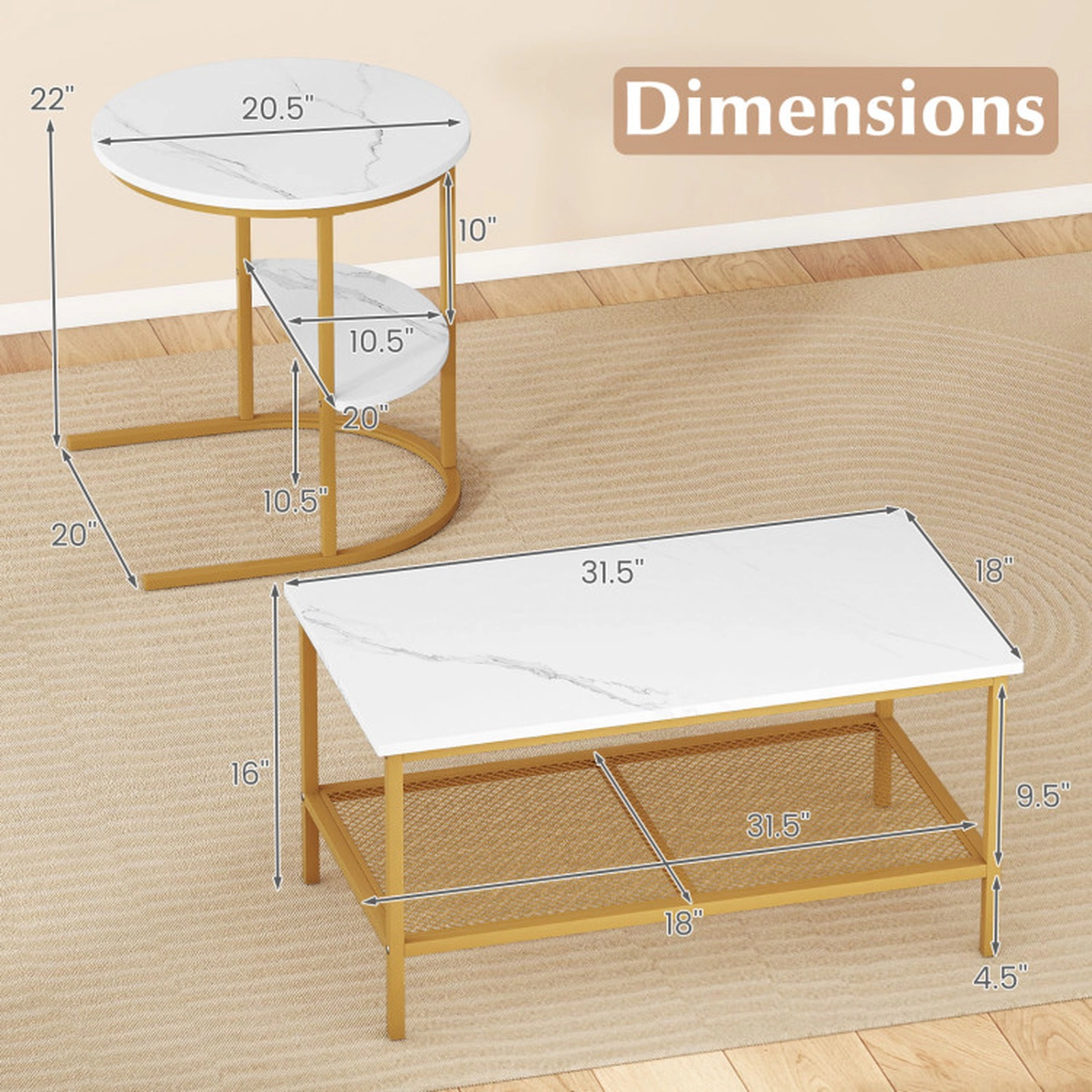 SUGIFT 2-Piece Faux Marble Top Rectangle Coffee and Round Side Table Set 31.5-in x 18-in 100-lb Capacity White