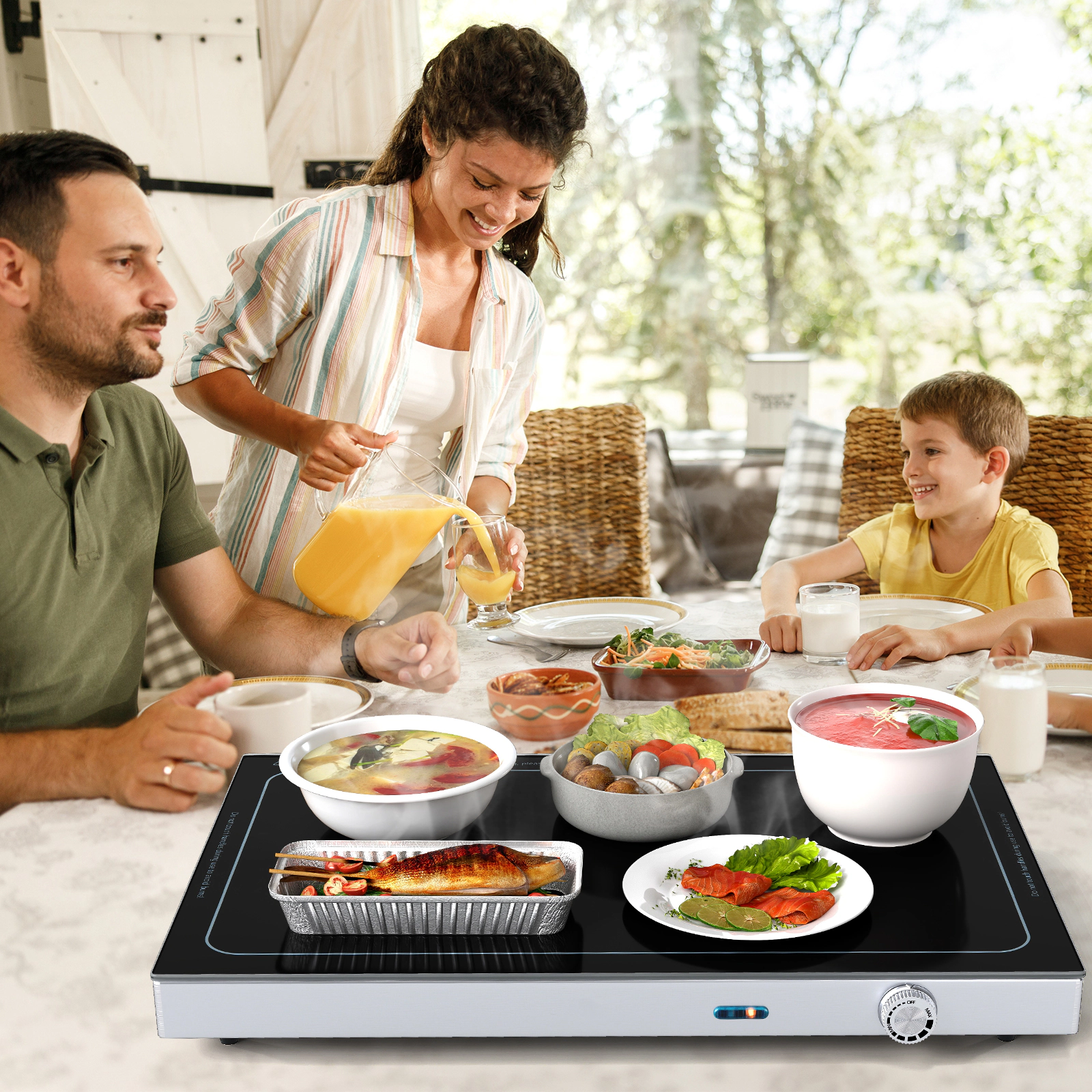 LJG Electric Warming Tray with Adjustable Temperature and Built-in Handles Tempered Glass