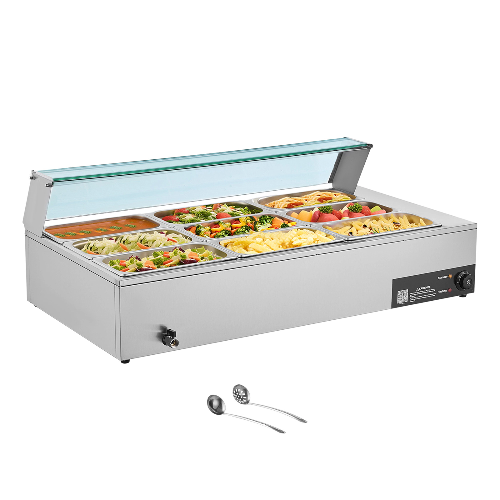 HONGGE Commercial Food Warmer Electric Stainless Steel Steam Food Warmer with Glass Cover Countertop Buffet Bain Marie