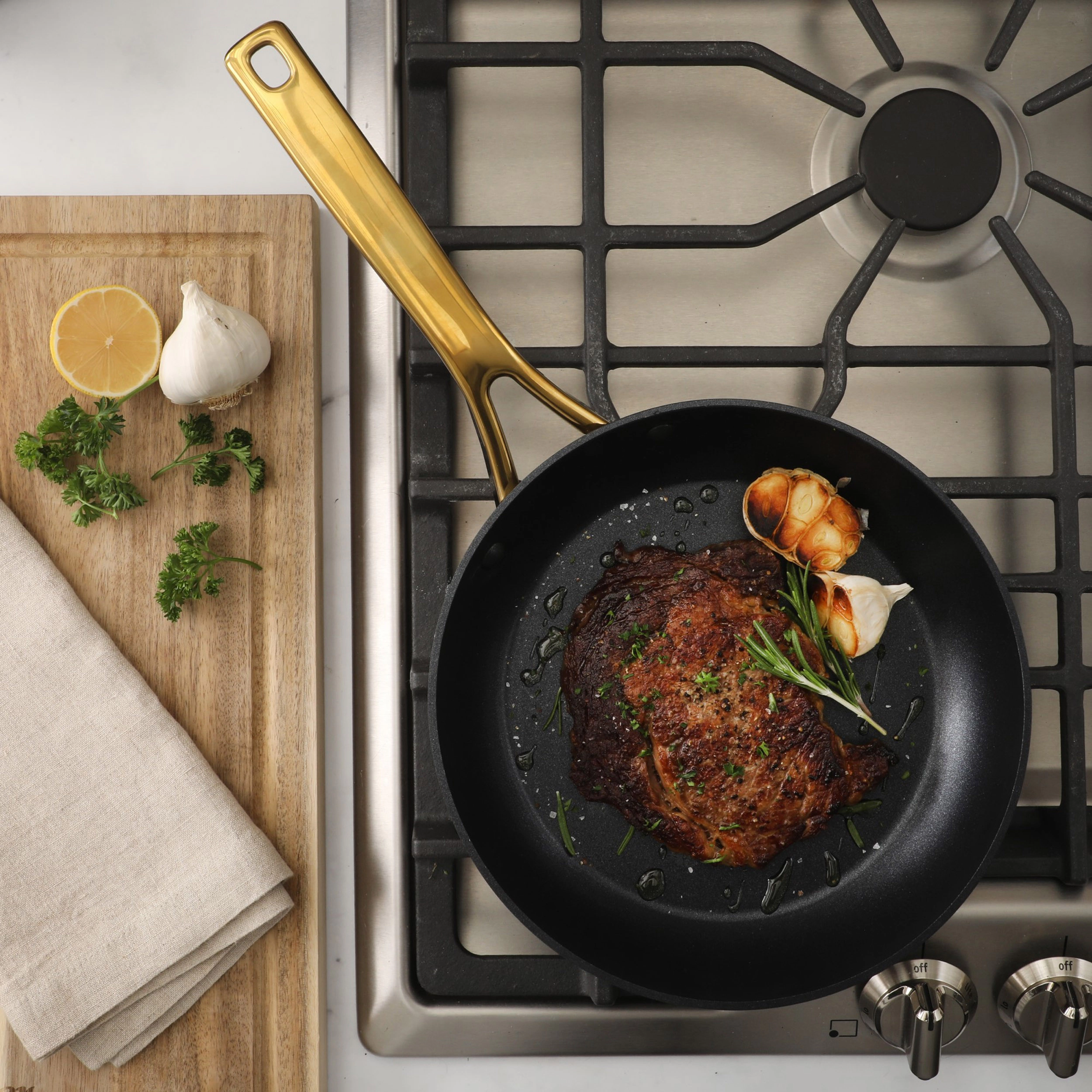 Oster Abbottsford 16 Piece Ceramic Nonstick Aluminum Cookware Set in Black with Gold Handles