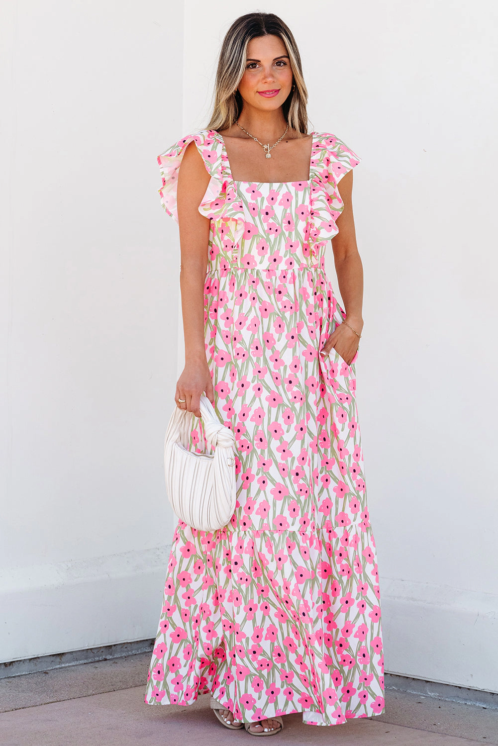 Threaded Pear Women's Angelica Floral Ruffled Strap Maxi Dress
