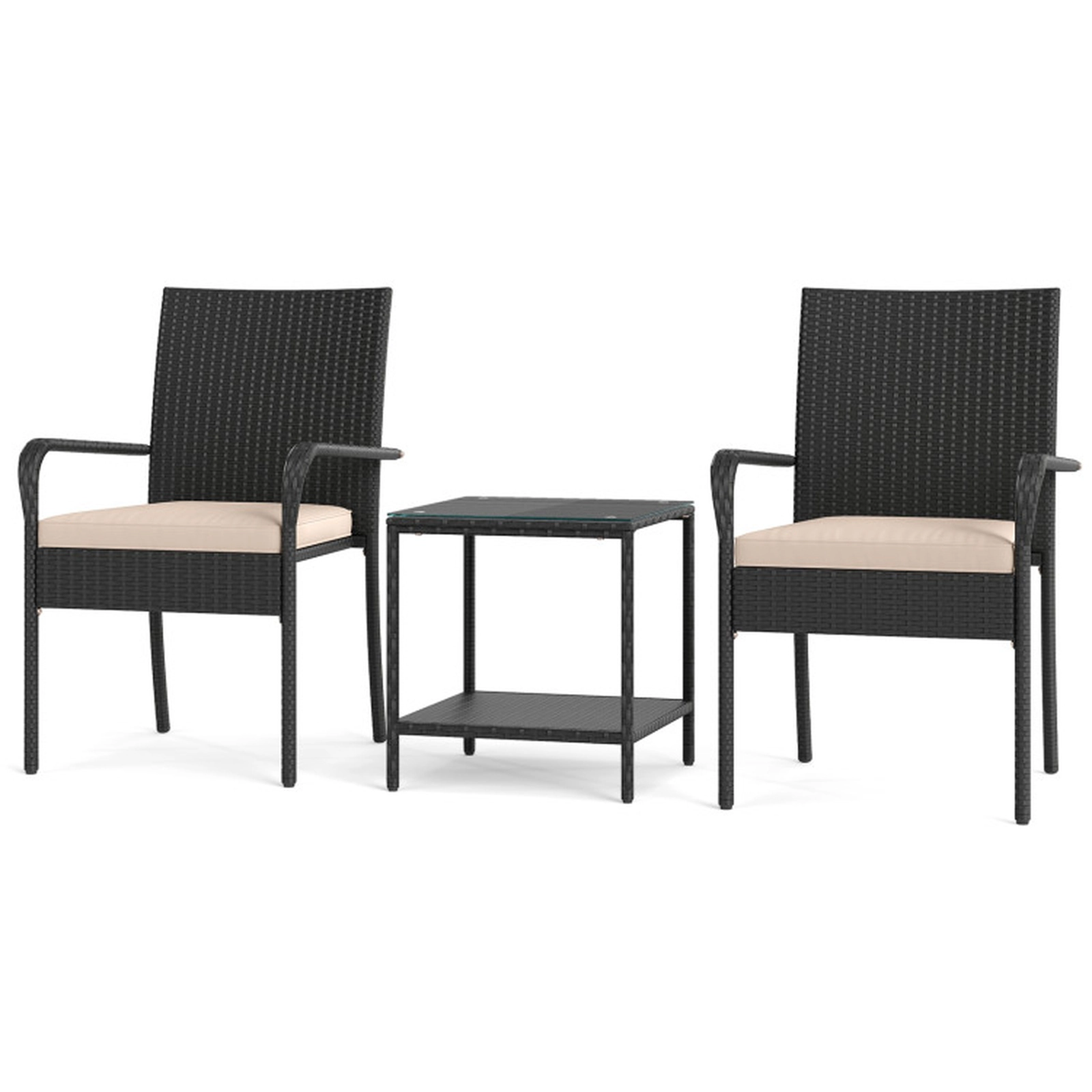 SUGIFT Seat Cushions and 2-Tier Side Table 3-Piece Patio Rattan Chair Set