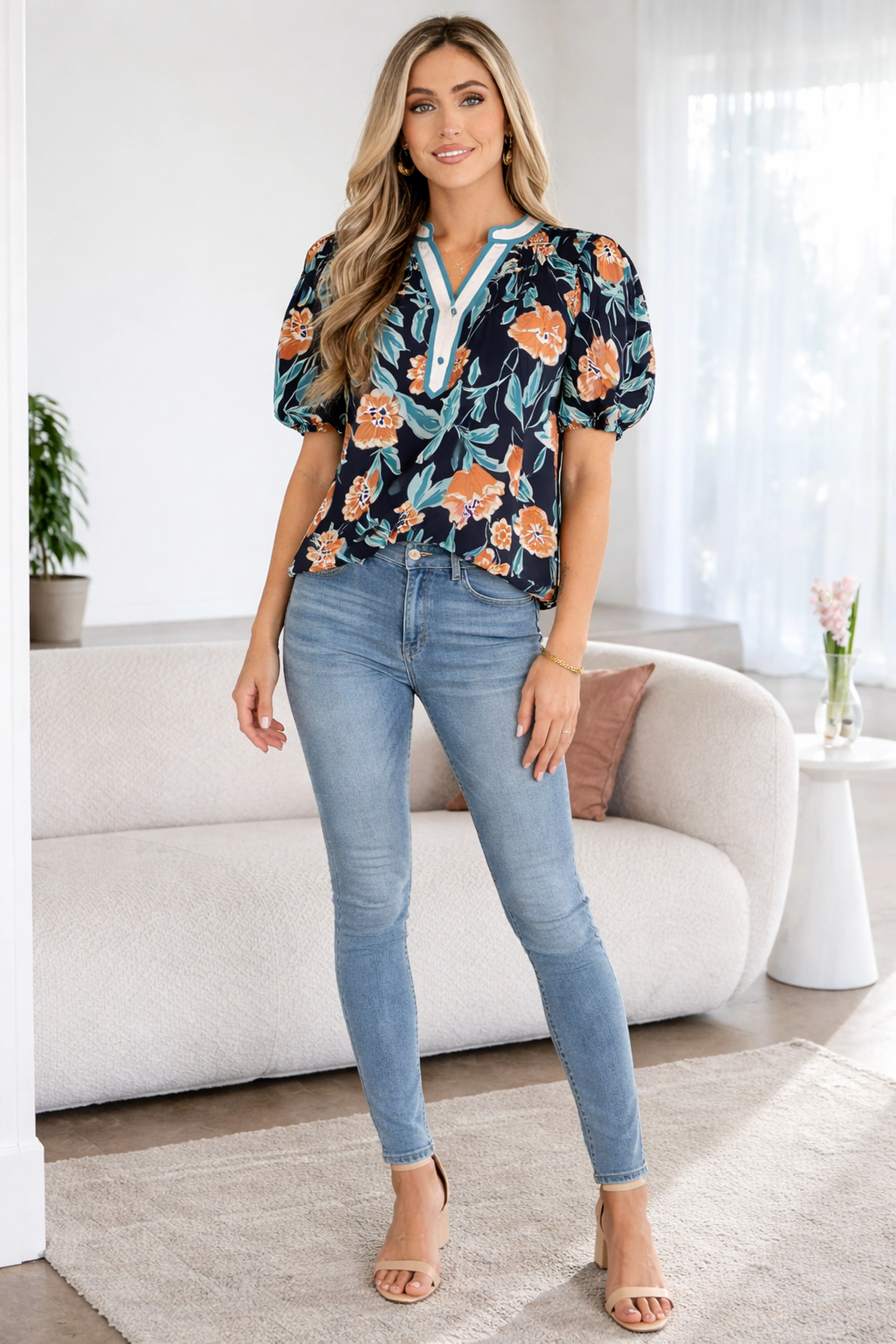 Threaded Pear Women's Ila Bubble Sleeve Notched Blouse