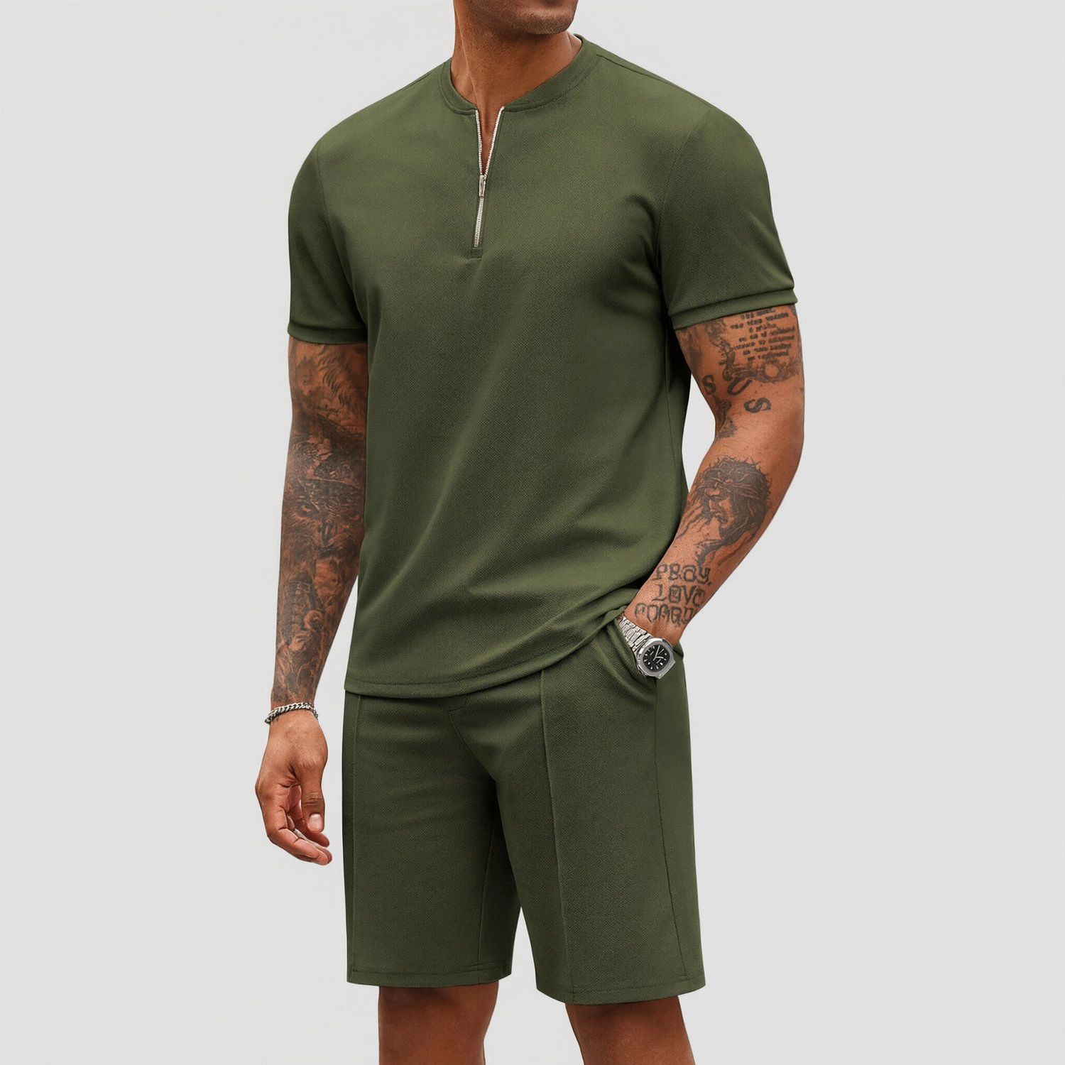 COOFANDY Mens Casual Short Sleeve Henley Zip Neck Top & Shorts 2 Piece  Set