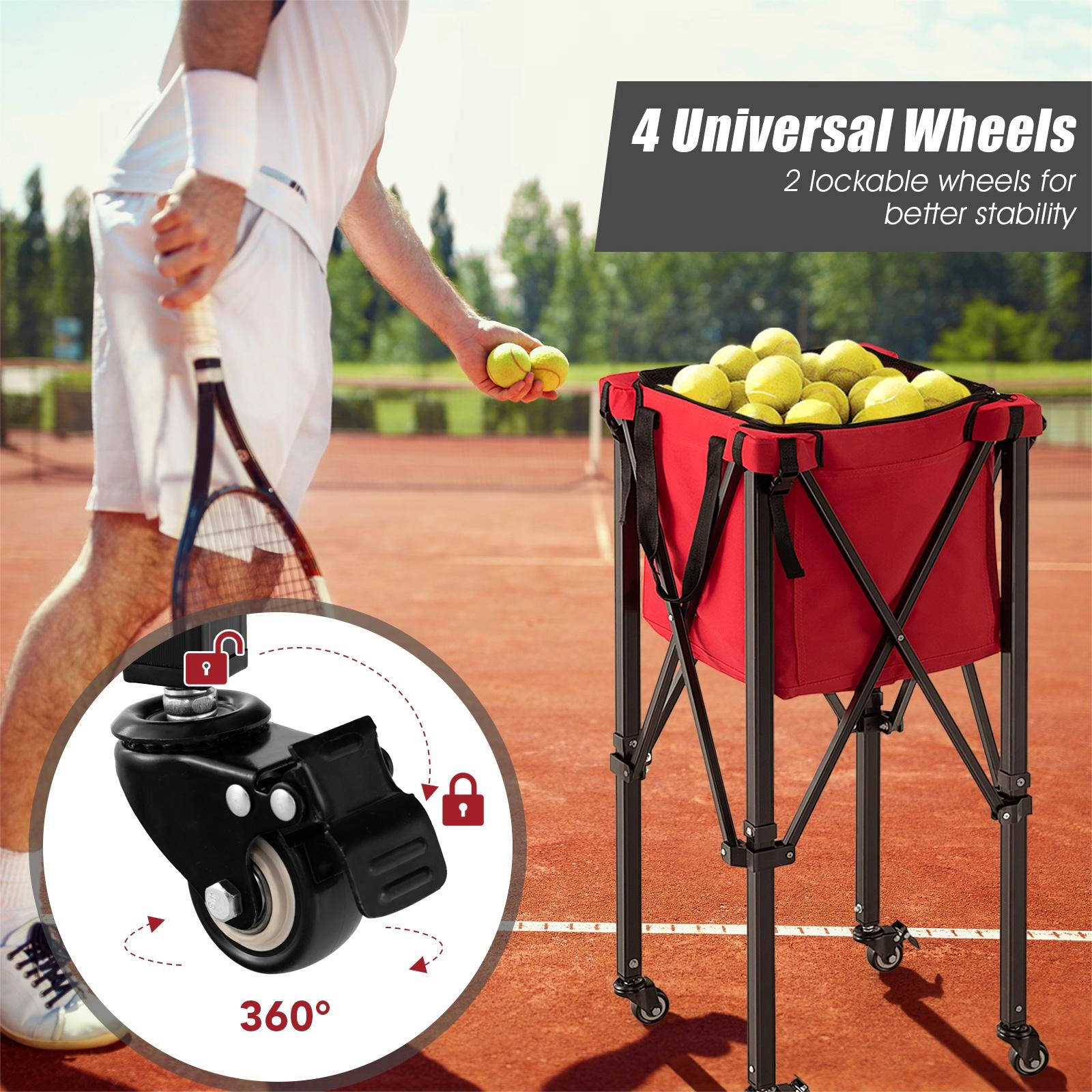 SUGIFT 150-Ball 66-lb Capacity Foldable Aluminum Tennis Ball Cart with 4 Wheels and Removable Bag