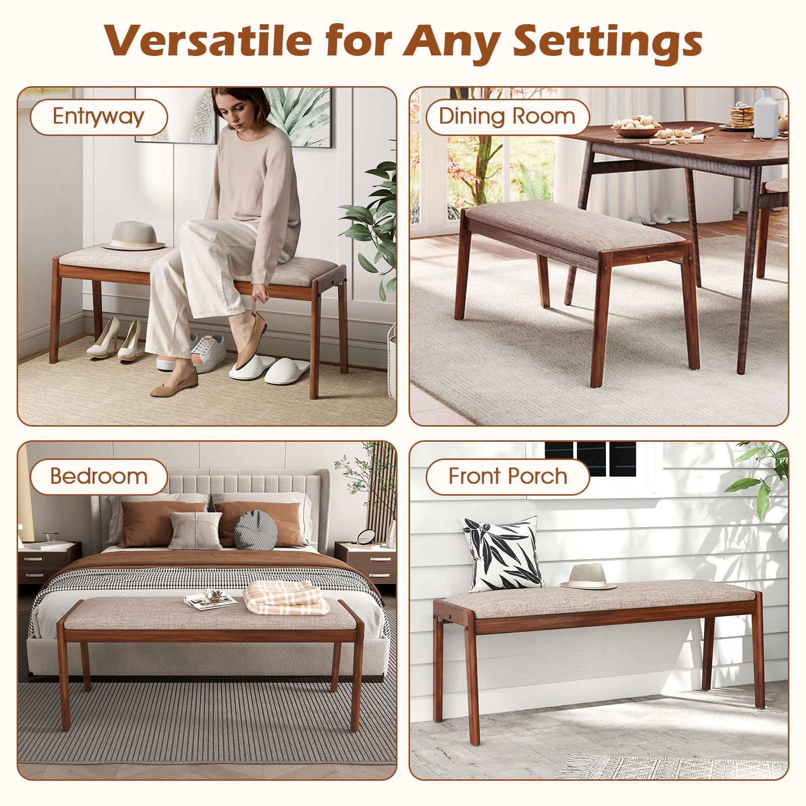 SlickBlue Unisex Upholstered Dining Bench, Rustic Wood Entryway Bench