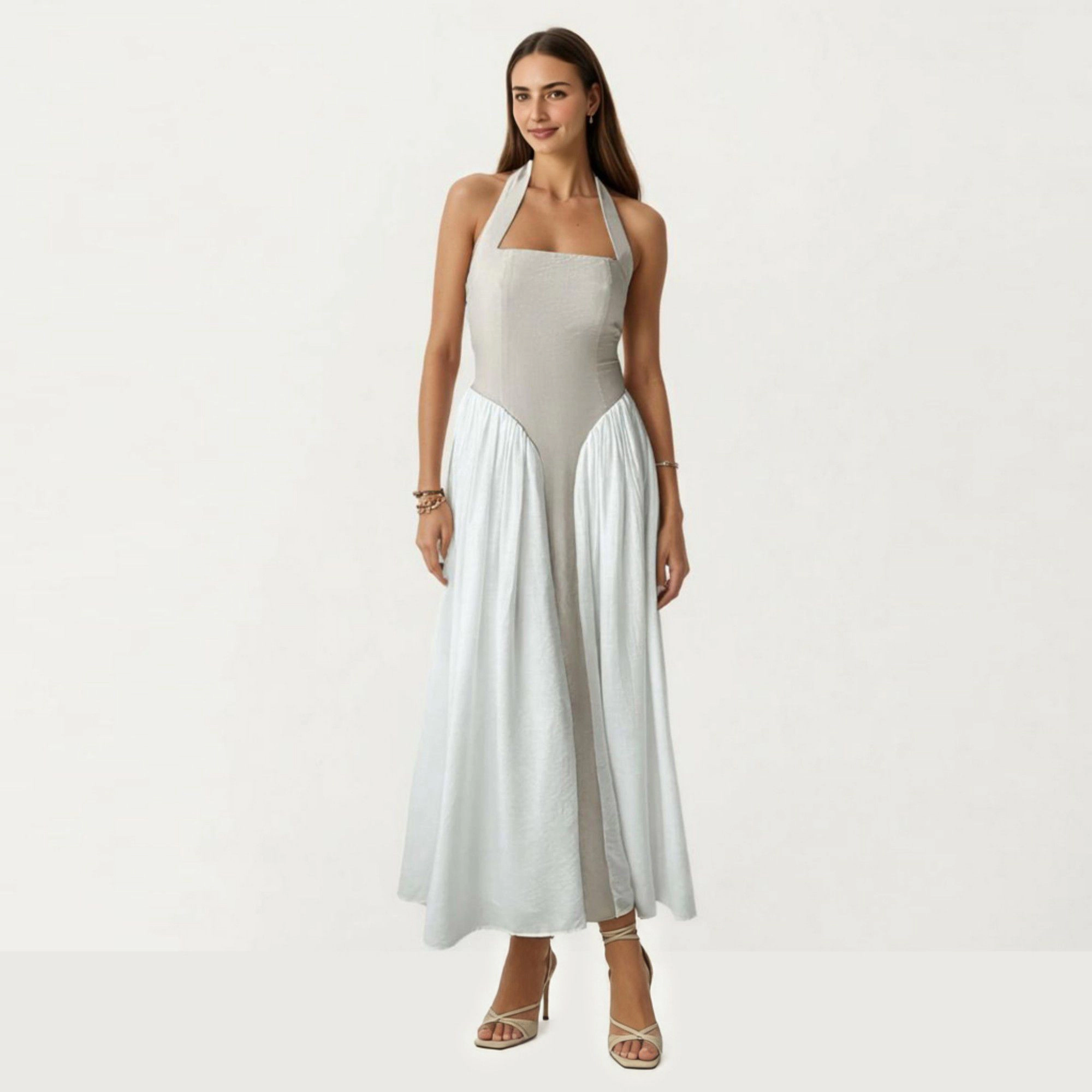 Anna-Kaci Women's Color Block Halter Neck Smocked Back Maxi Dress