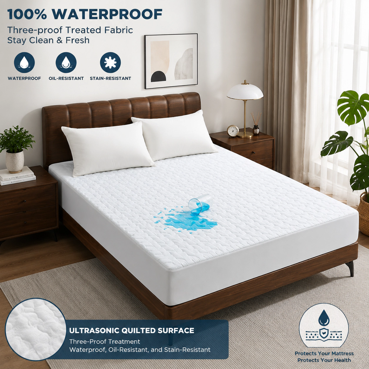 PEACE NEST Ultrasonic Craft Breathable Waterproof Mattress Protector with Deep Pocketed Geometric Pattern