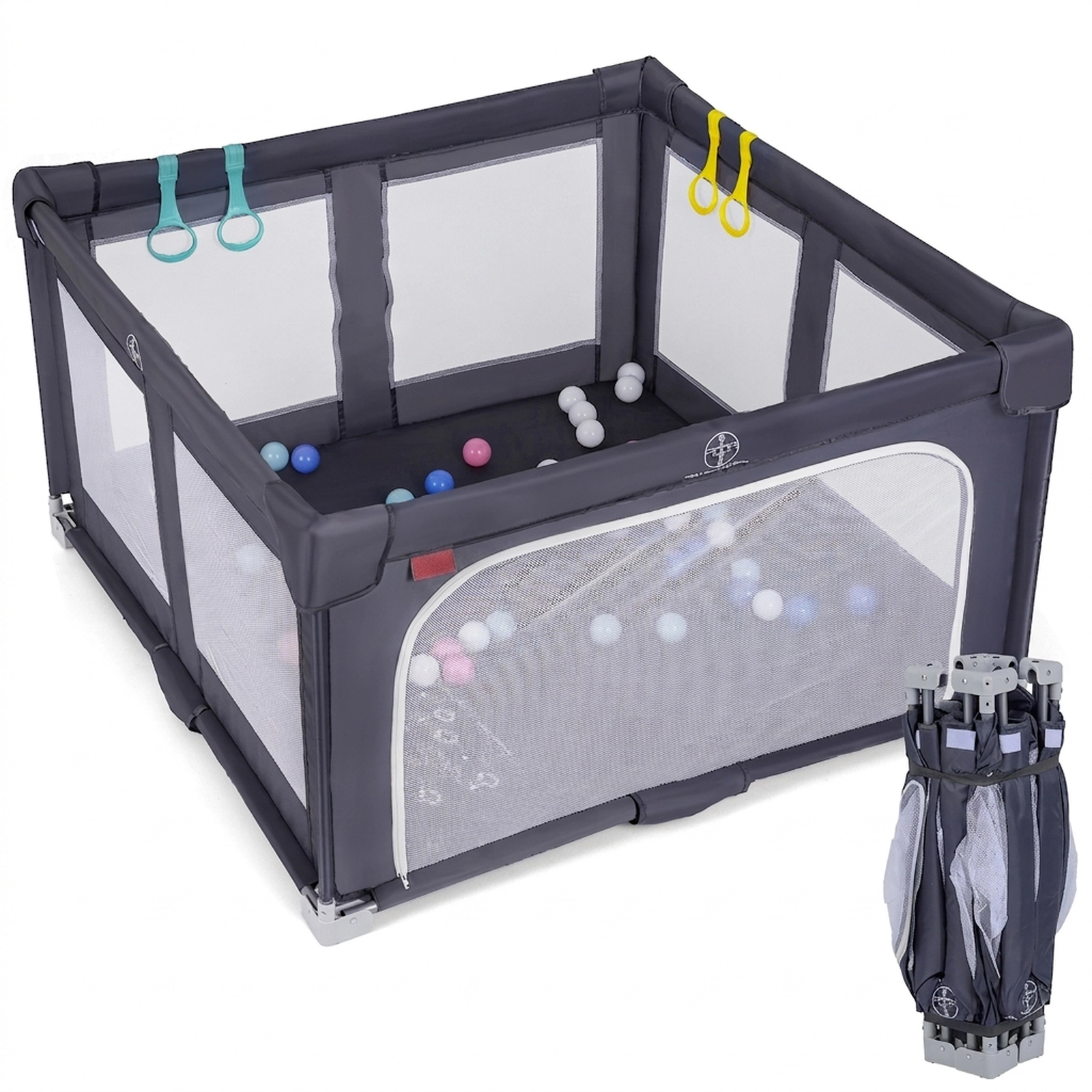 SUGIFT Large Foldable Baby Playpen Safety Fence with Zipper Door Ages 0-3 Years Dark Gray