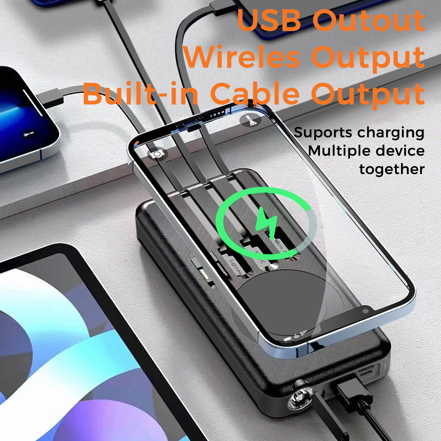 Alpha Digital 10,000mAh, Solar, 4 Cables, Wireless Charging - Power Bank