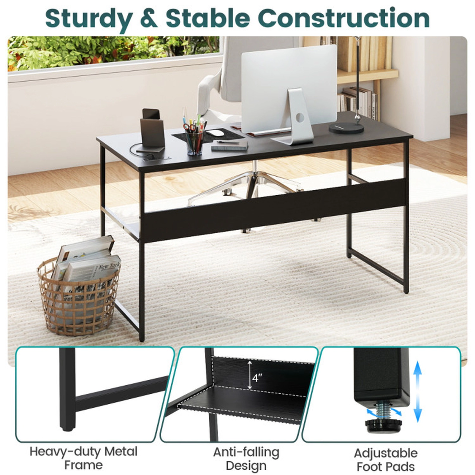 SUGIFT 55 x 24-in Computer Desk with Power Outlets and USB Ports 220-lb Tabletop Capacity with Shelf Rustic Brown/Black