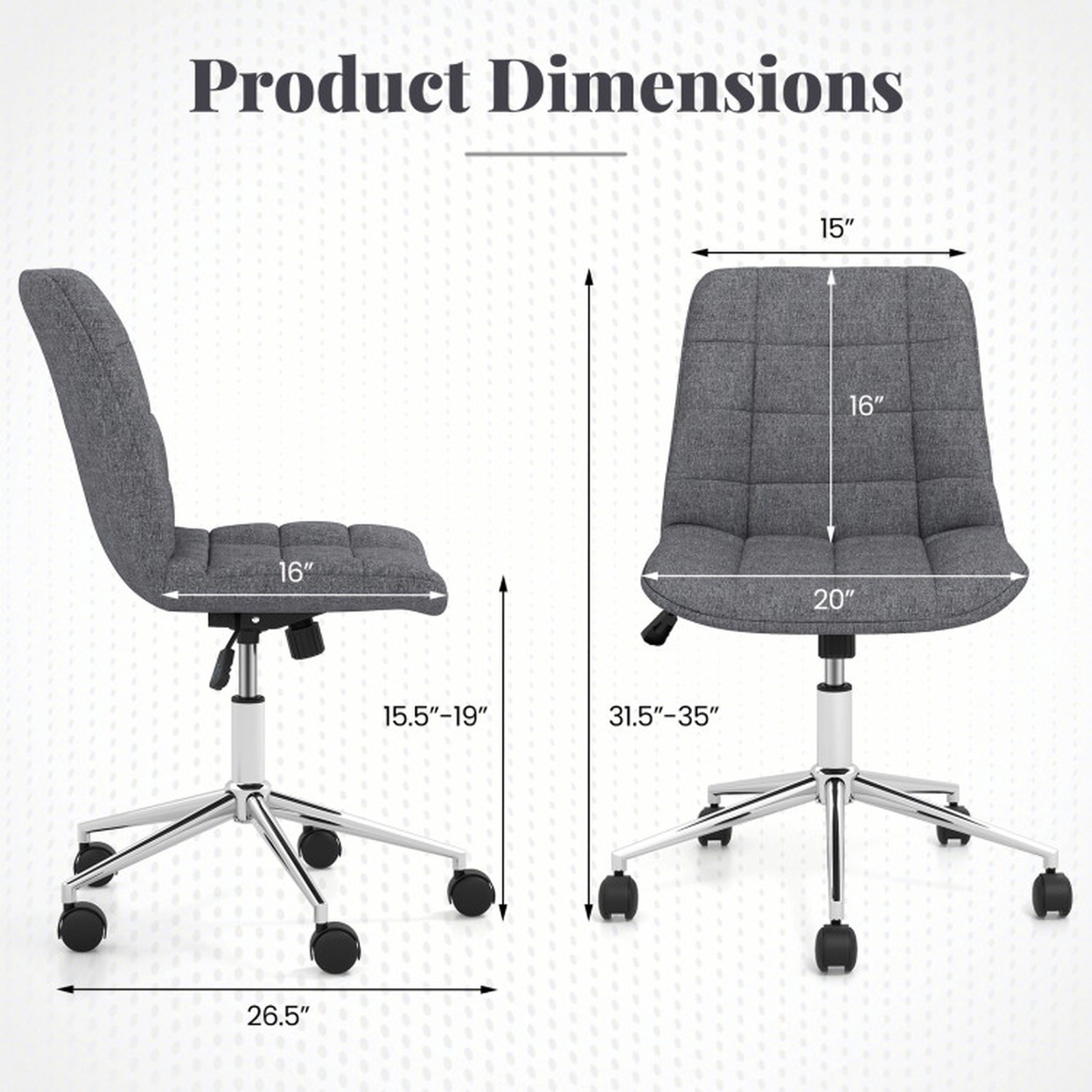 SUGIFT Armless Office Chair Upholstered Makeup Vanity Chair 250-Lb Capacity Adjustable Height Gray with Wheels