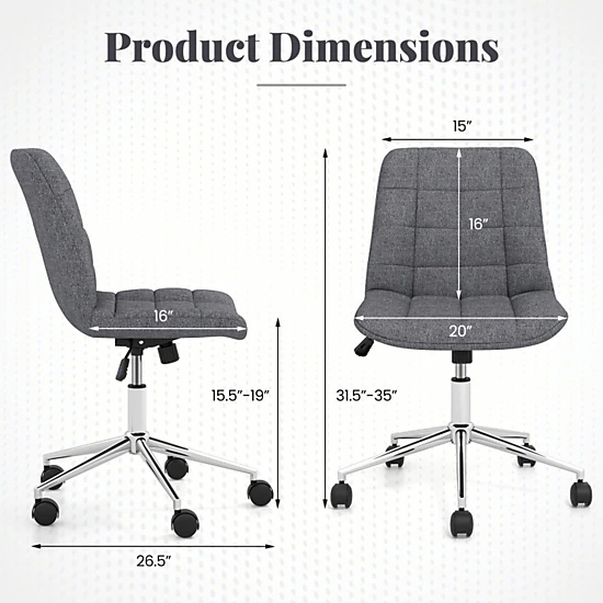 SUGIFT Armless Office Chair Upholstered Makeup Vanity Chair 250-Lb Capacity Adjustable Height Gray with Wheels