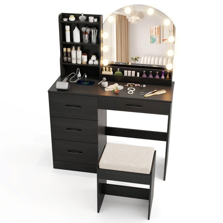 Hivvago Makeup Vanity Desk Dressing Table And Stool Set With Mirror Lights