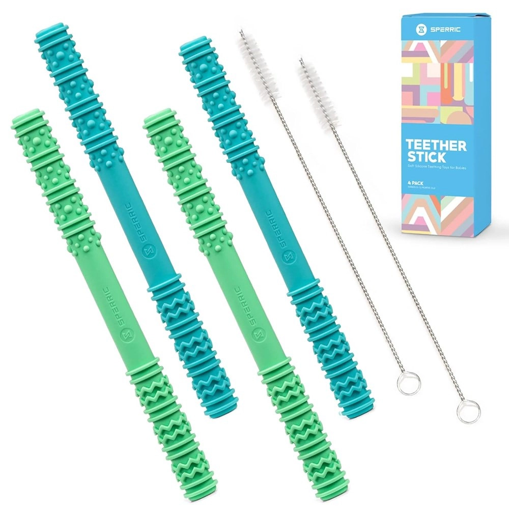 Sperric Baby Hollow Teething Tubes, Soft Silicone Teether Sticks for Infant BPA Free Straws w/ Cleaning Brushes