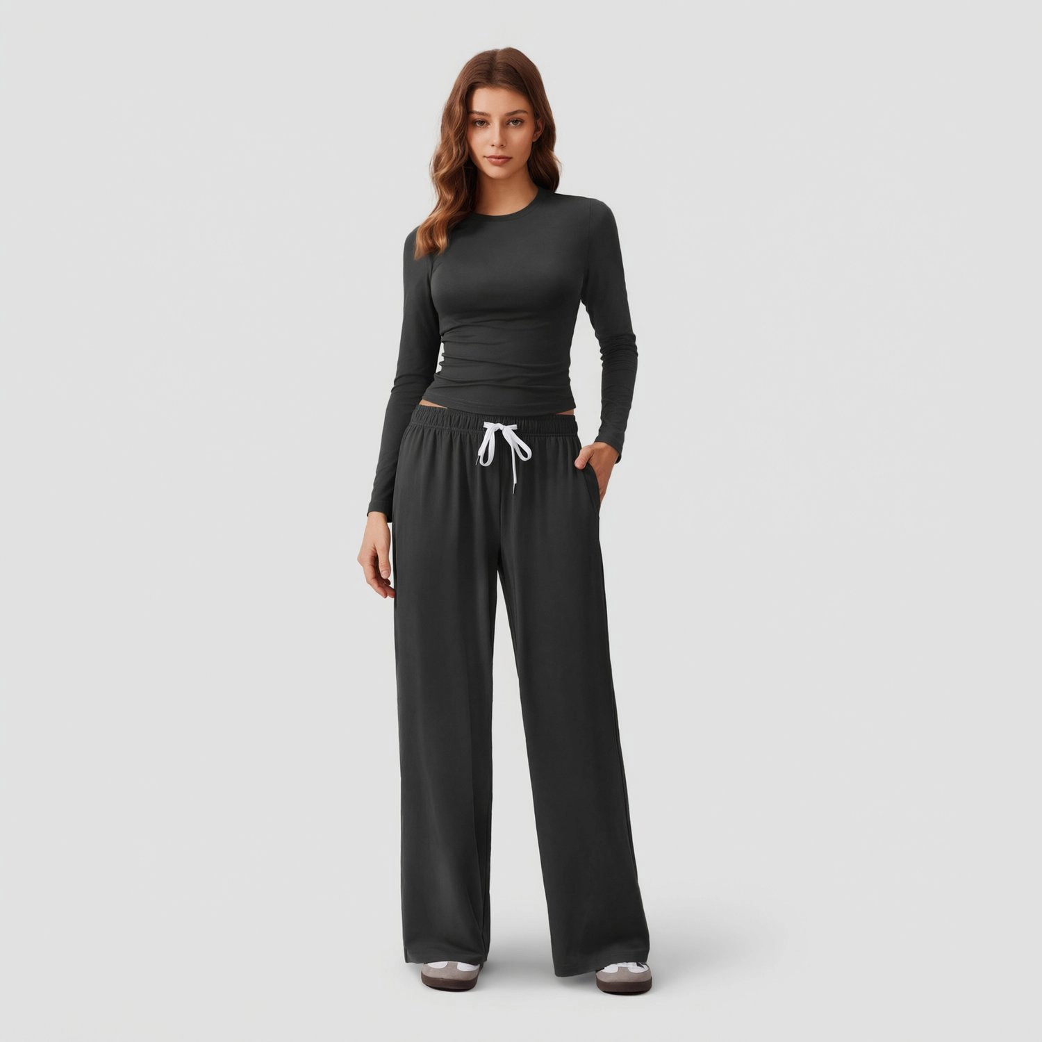 Pinspark Womens Casual Long Sleeve Crop Top Ruched Hem Drawstring Wide Leg Pants Set