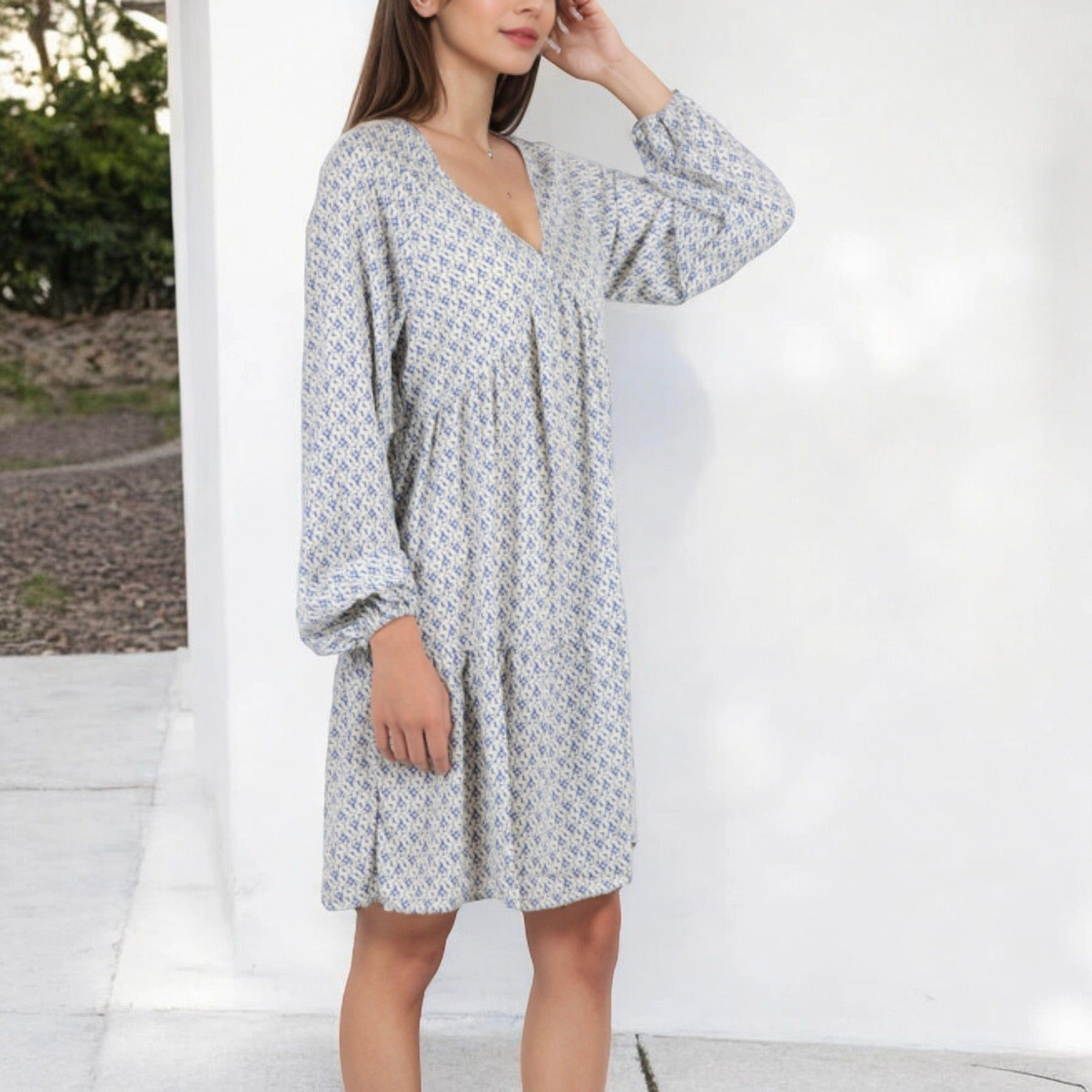 Anna-Kaci Women's Long Sleeve V Neck Boho Print Gathered Waist Dress