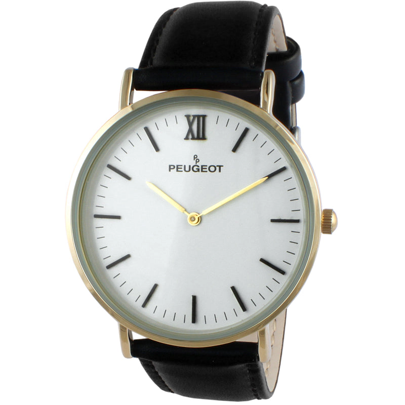 Peugeot Men's White Dial Super Slim Watch with Black Leather Band